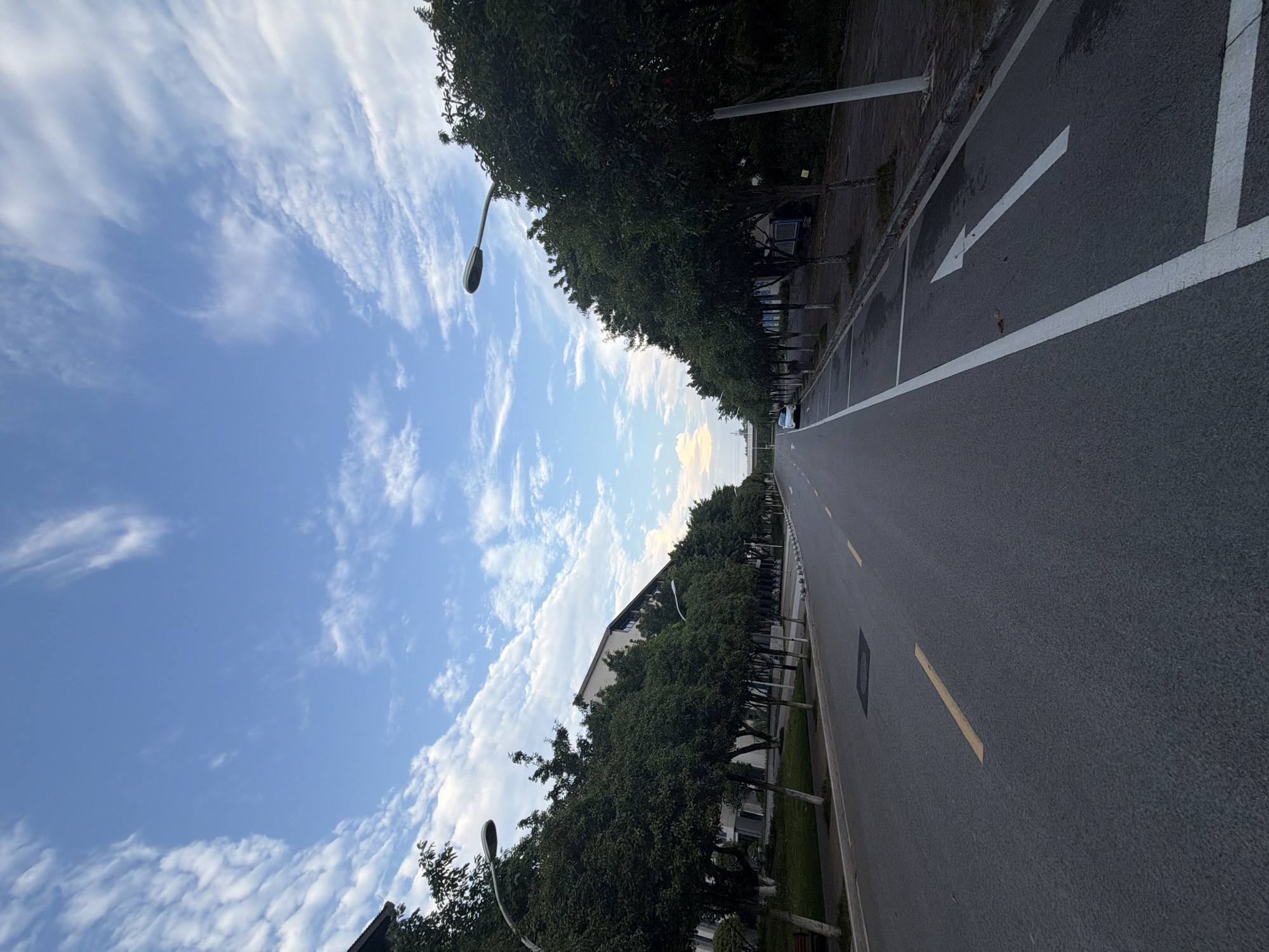 The image depicts a wide asphalt road lined with trees on both sides, with buildings visible in the background. The sky is blue with scattered white clouds. On the left side of the road, there is a sidewalk with a bench and grass. On the right side, there is a bike lane with white arrows painted on it, indicating direction. A white car is parked on the side of the road in the distance. The scene appears to be an urban or suburban environment, possibly a street or campus in Jiangjin, China, given the context. The lighting suggests it is daytime, likely late afternoon or early evening, given the slightly muted tones. There are no people visible in the image.