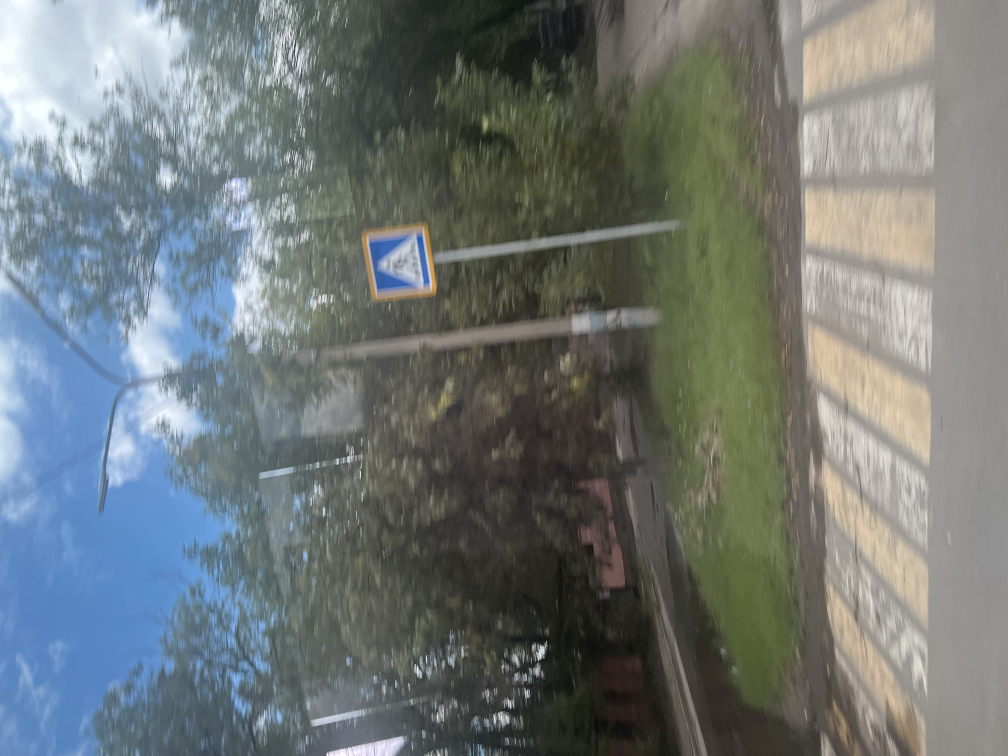 The image depicts a pedestrian crossing, indicated by yellow and white stripes on the road, in a blurred outdoor environment. A square sign with a blue background and a white silhouette of a person walking is visible on a pole to the right of the crossing. Green trees and a cloudy blue sky are in the background. The scene appears to be a street in the city of Ulyanovsk, Russia, with a light pole also present. The image quality is poor due to motion blur, making it difficult to discern finer details of the surroundings or any potential individuals.