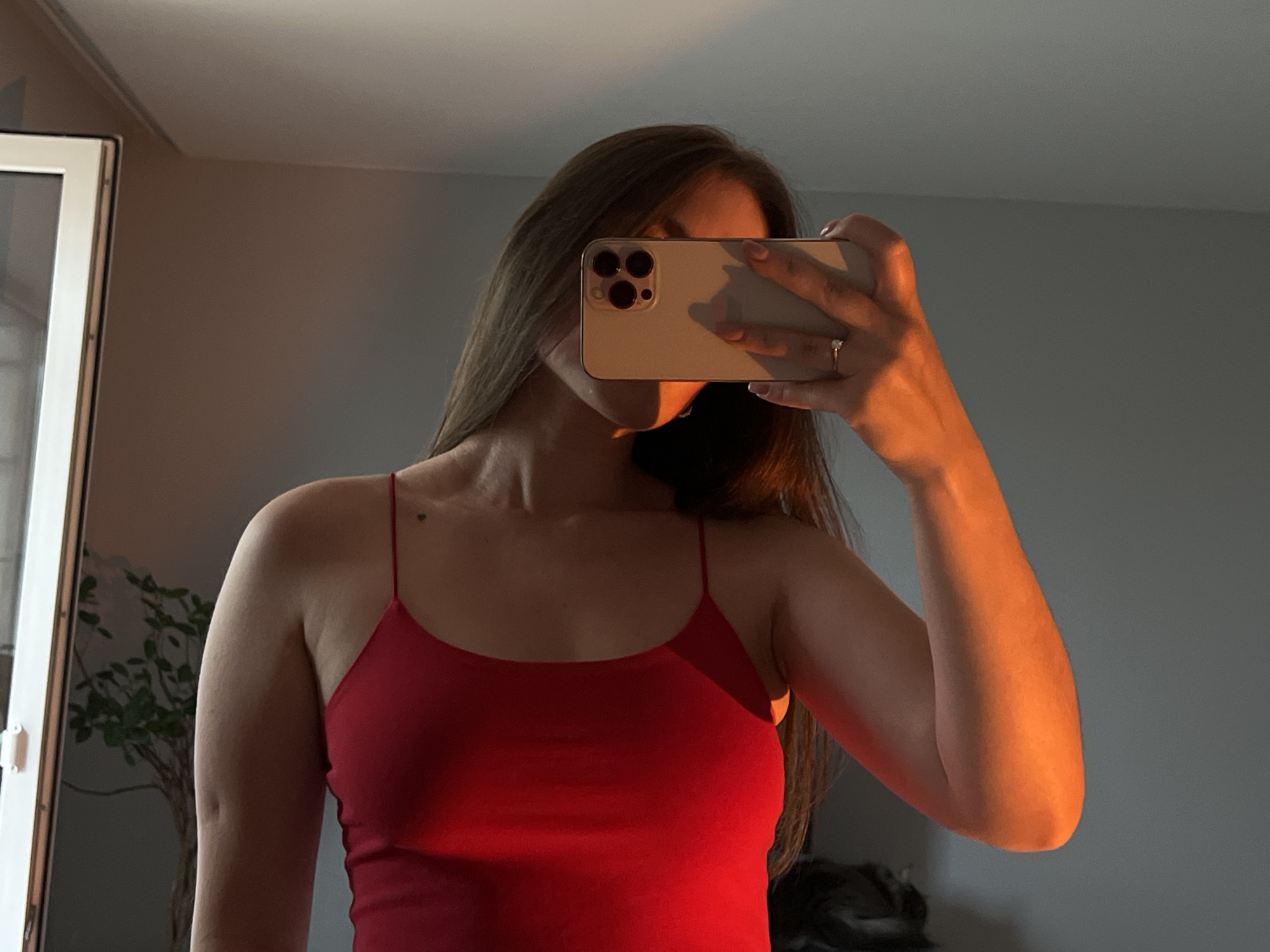 An indoor mirror selfie taken in Ternopil, Ukraine, features a woman whose face is obscured by the smartphone she is holding. She has long, dark brown hair that falls over her shoulders and is wearing a simple red spaghetti-strap camisole.
The woman holds a light-colored smartphone horizontally, revealing its triple camera lenses. A silver-toned ring with a clear stone is visible on her left ring finger. A small, dark mole is present on her left shoulder.
The scene is bathed in warm, golden light, particularly illuminating the right side of her body, her arm, and reflecting off the phone. This suggests the photo was taken during the golden hour or late afternoon with direct sunlight entering the room.
In the background, a neutral grey wall is visible. To the left, a white frame, possibly part of a mirror or door, stands vertically, with a reflection of a green leafy plant with multiple stems behind it. The overall atmosphere is casual and personal. There is no visible text in the image.