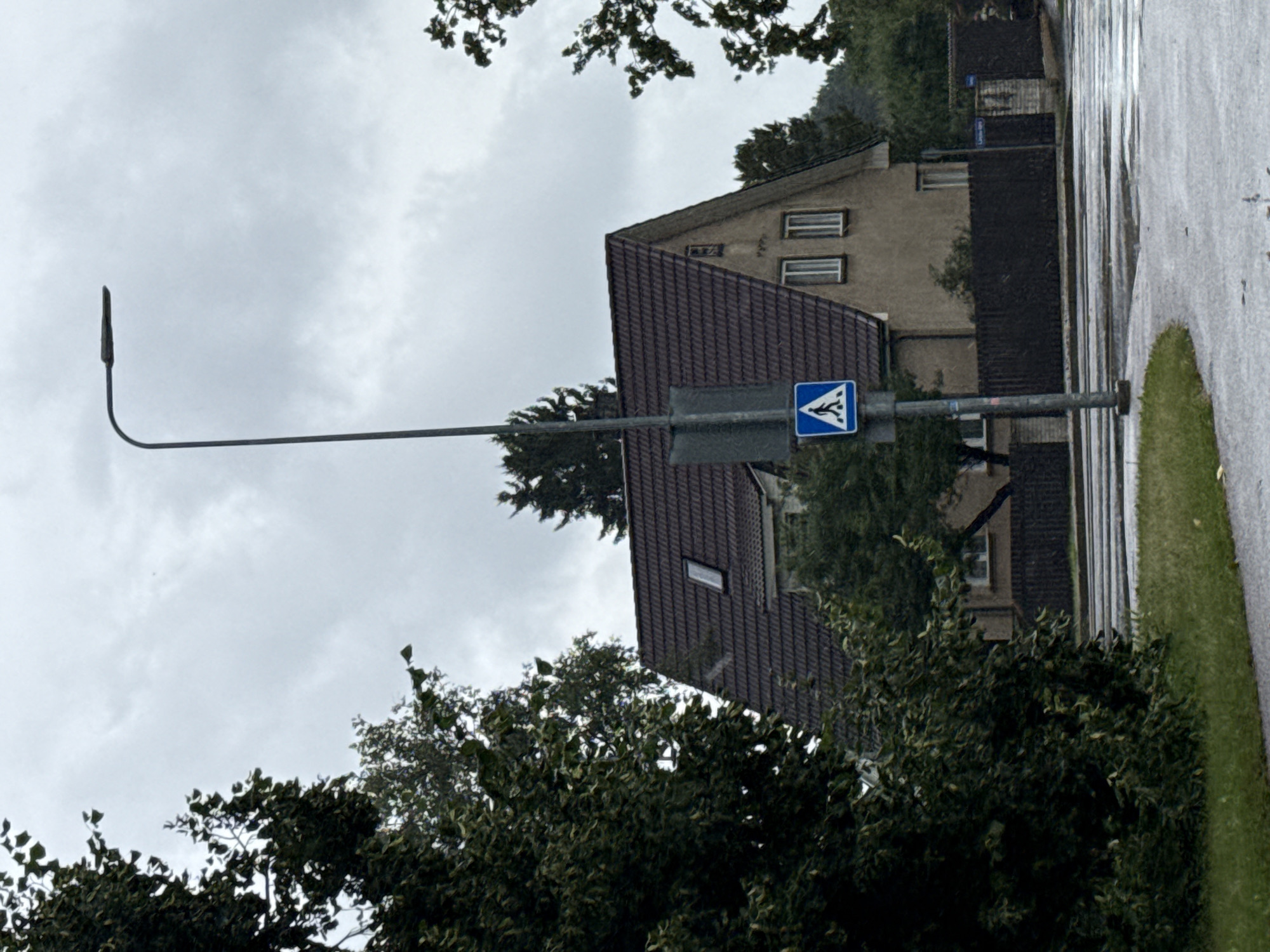 An exterior, eye-level, medium shot captures a grey, overcast day in Tallinn, Estonia. A tall, thin lamppost stands centrally, with a blue and white pedestrian crossing sign attached to it. Behind the lamppost, a two-story house with a dark red tiled roof is visible. The house has several windows, including a dormer window on the roof. Dense green trees frame the left side of the image, and other foliage is present on the right. The ground in the foreground appears to be a wet, paved road and grass, suggesting recent rain. A dark fence runs behind the house. The overall atmosphere is somber due to the cloudy sky and wet conditions.