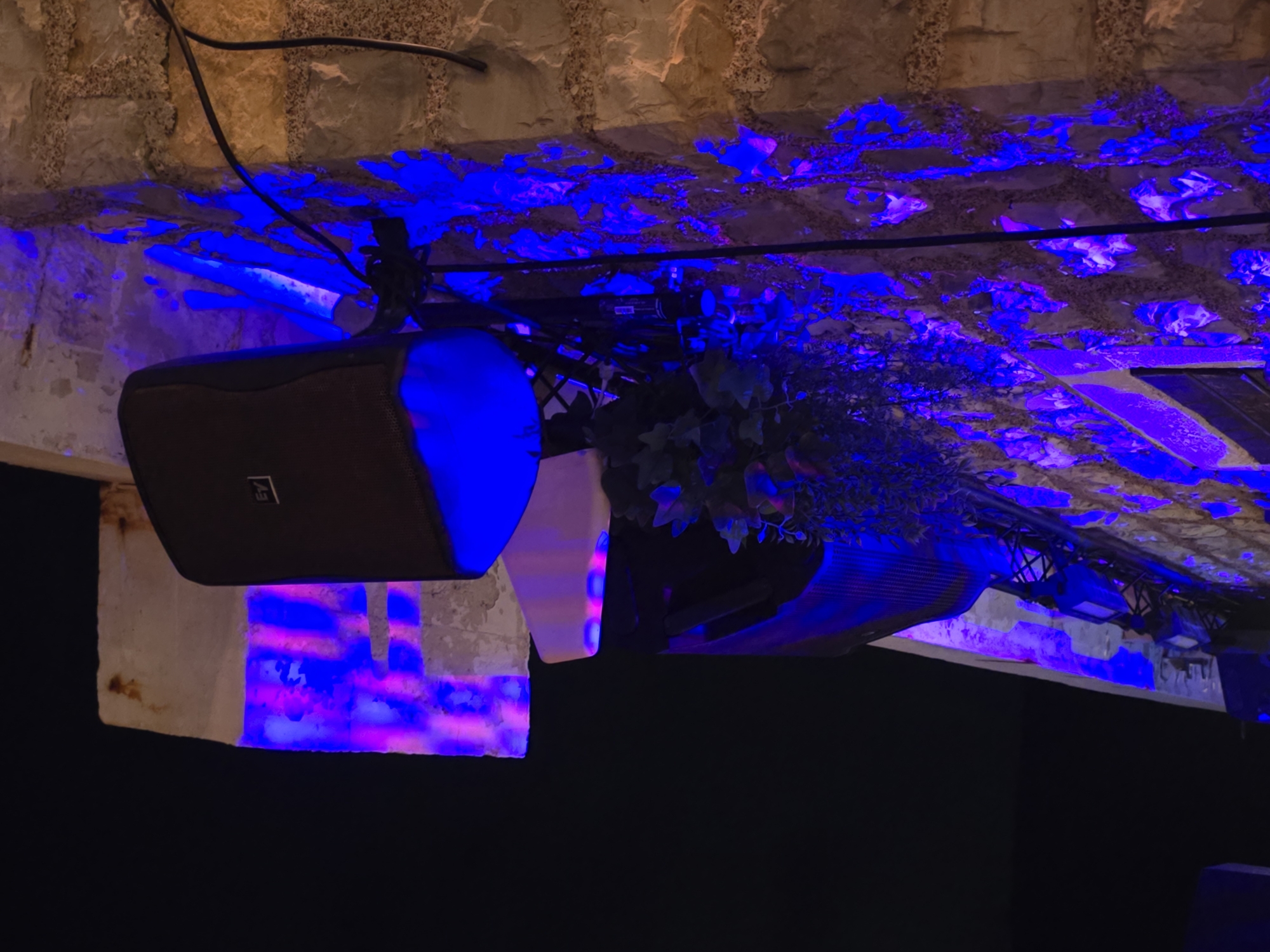 This is a low-angle, full shot of a dark outdoor scene in Petrovac centar, Montenegro, illuminated by vibrant blue and pink stage lights. The lighting is casting colorful shadows and highlights on a rough, stone building wall. Mounted on the wall is a dark-colored speaker, likely for outdoor events or performances. Above and to the left of the speaker, part of a concrete structure is visible, also lit with the same colorful lights. Green foliage is draped around the speaker, adding a touch of nature to the scene. A black electrical cable snakes down the wall next to the speaker. The overall impression is one of a nighttime event or venue in a Montenegro town.