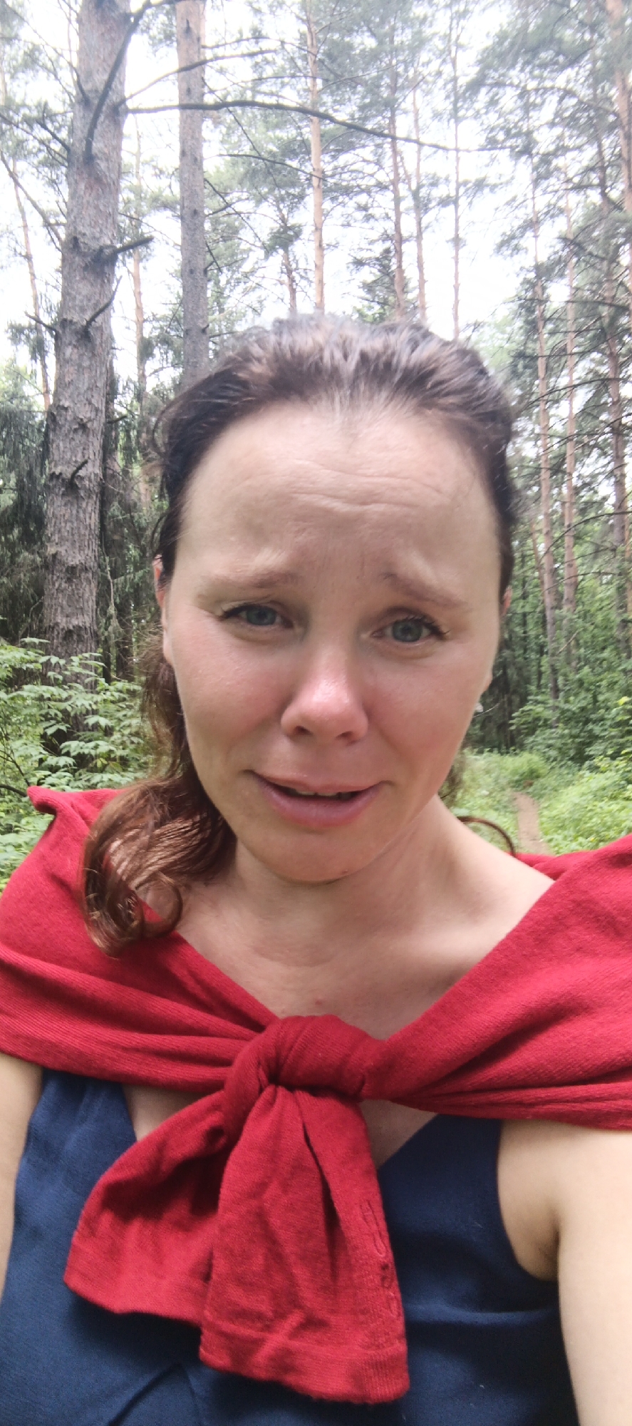 A woman with shoulder-length brown hair, wearing a dark blue dress and a red sweater tied around her shoulders, is looking directly at the camera in a forest. Her facial expression appears distressed, with furrowed brows and a downturned mouth. She is positioned centrally in the frame, with the trees of the forest forming the background. The lighting suggests an overcast day. The location is in a forest area, which could be within or near the city of Chaikovsky, Russia, given its prevalence of natural landscapes.