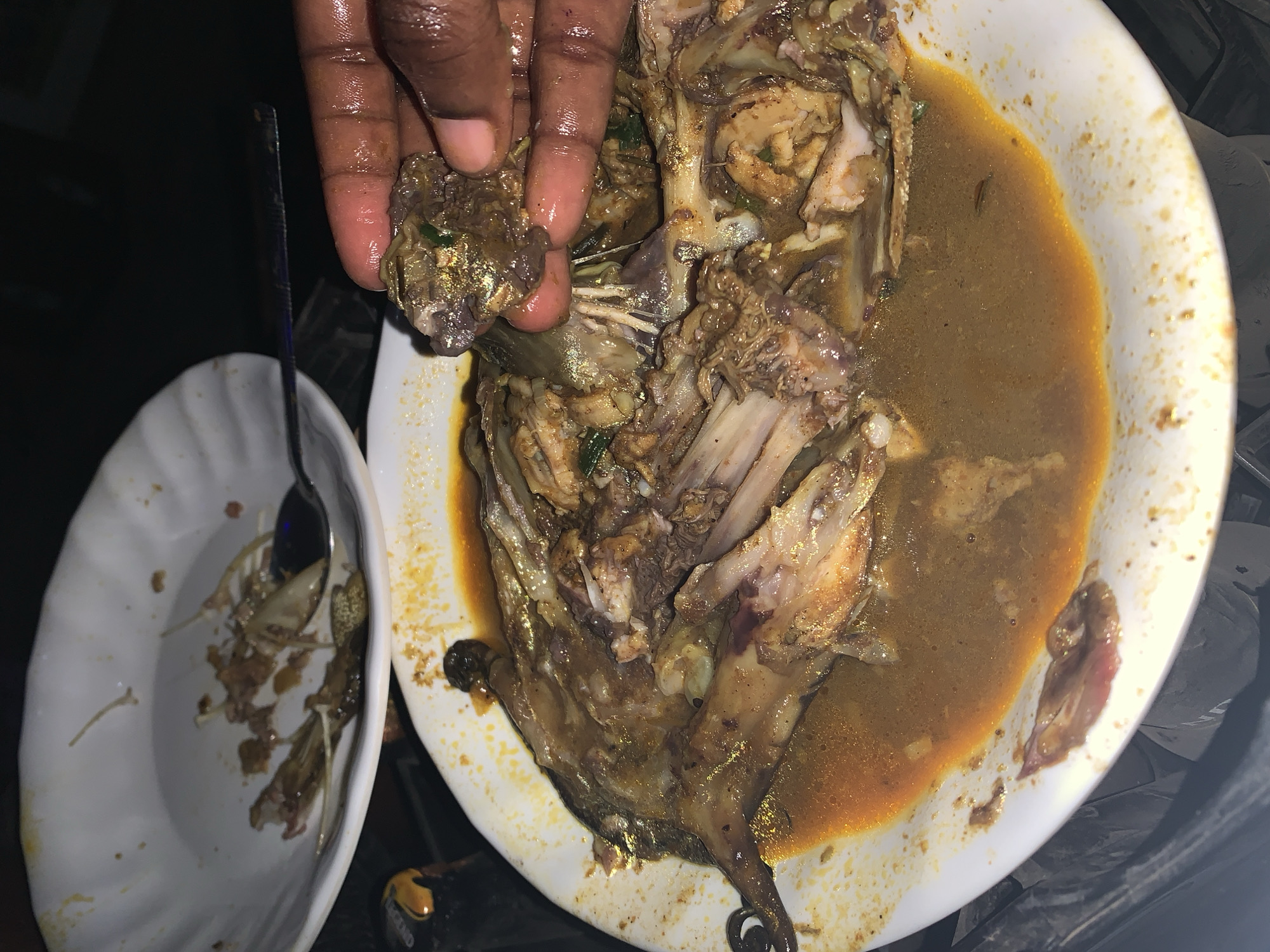The image shows a plate of what appears to be the remains of a meal. A dark-skinned hand holds a portion of the food over the plate. The plate contains bones, meat, and a brown sauce. A second, smaller plate to the left contains further remnants, including bones and sauce, with a spoon lying on the plate. The setting appears to be indoors, possibly in a home or informal eating establishment. The specific location within New Stadium, Nigeria, cannot be determined from the image alone.