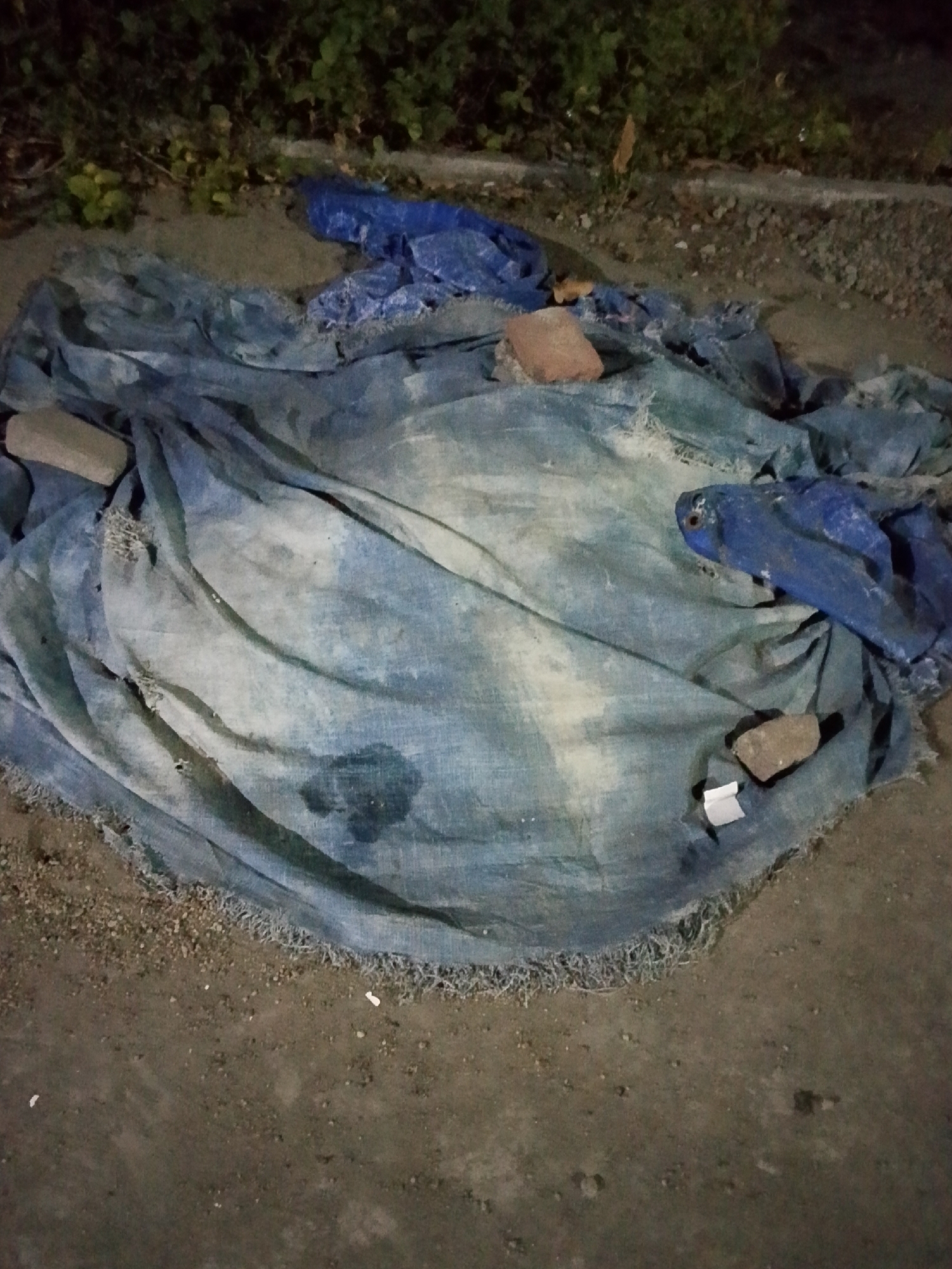 A blue tarpaulin is spread on the ground in front of some foliage. The tarpaulin appears worn and has some darker stains on it. There are several bricks or rocks placed on top of the tarpaulin, as well as a small white object near one of the bricks. The ground is covered with dirt and small stones. The lighting suggests it is nighttime or a very dark, overcast day. The scene appears to be an outdoor area, possibly on the side of a road or in an undeveloped space, located in the city of Bulurejo, Indonesia.