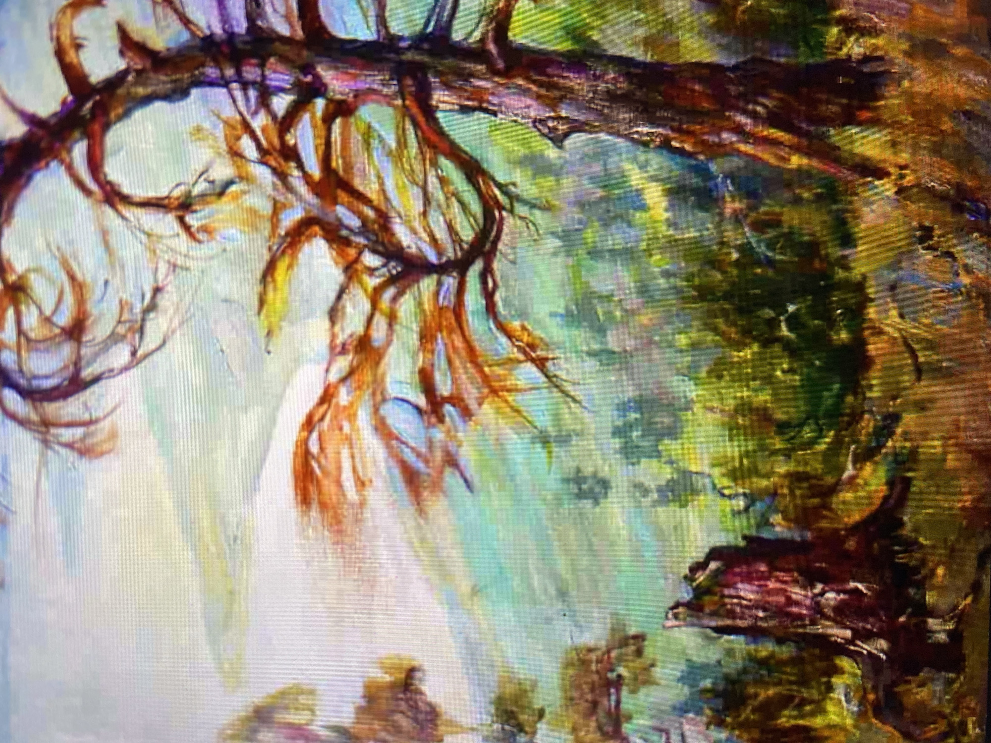 This is a brightly colored, impressionistic painting of a natural landscape. In the foreground, a large, gnarled tree trunk stands on the right, its bark textured and dark, with a few branches reaching out. To the left of the tree, a weathered tree stump, also dark red and textured, sits low to the ground. The middle ground is filled with a dense, green forest that transitions into hills in the background. The sky above is painted in soft, hazy tones of white and light blue, with hints of yellow and green. The overall impression is one of a wild, untamed natural environment, depicted with loose brushstrokes and vibrant colors. The location is not specified in the city of Unknown, Unknown.