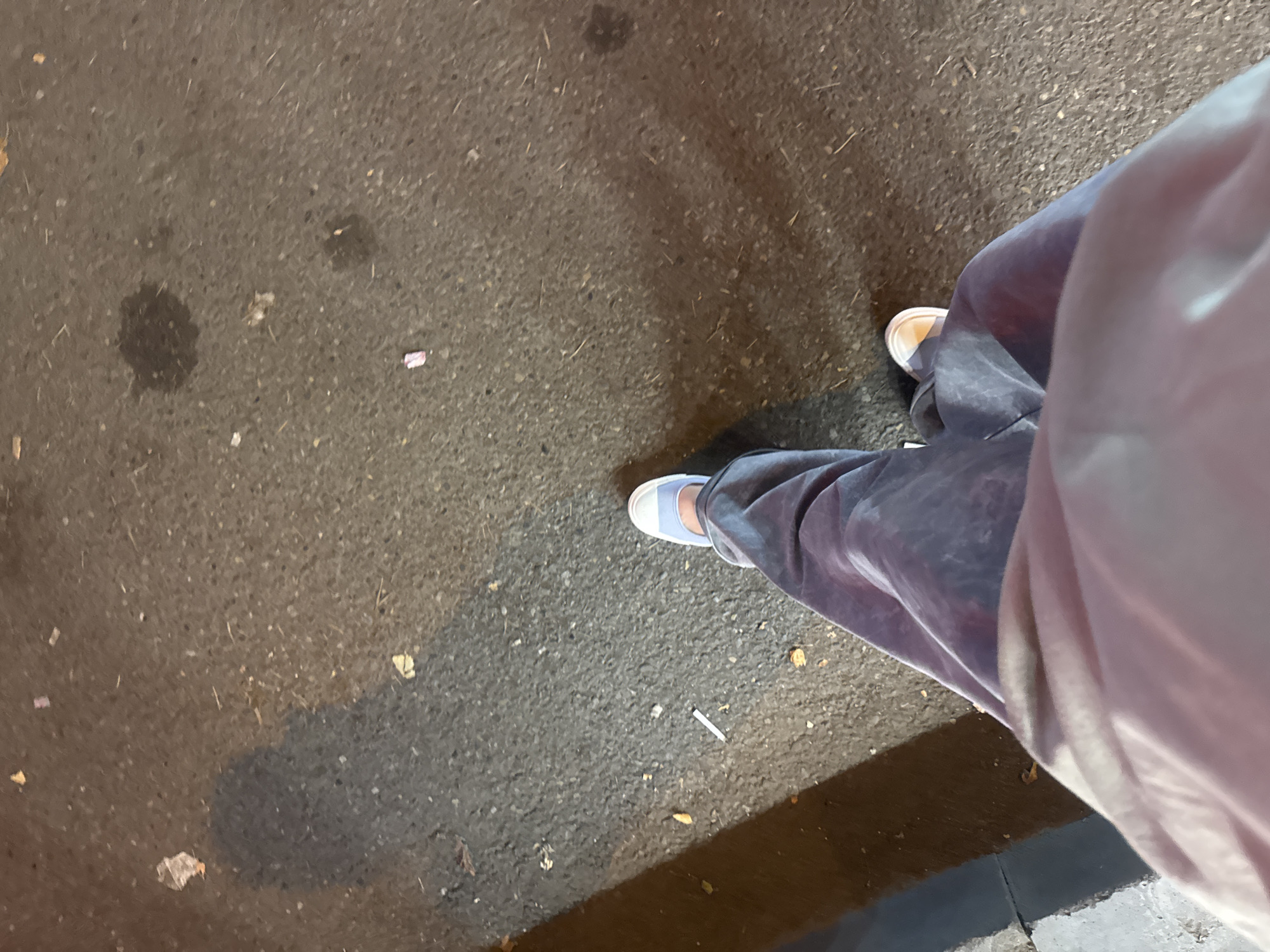 An over-the-shoulder, high-angle, point-of-view shot shows a person's legs and feet standing on a dark asphalt surface, possibly in Tbilisi, Georgia, at night. The ground is speckled with small debris, including leaves, twigs, and what appear to be cigarette butts and small pieces of litter. A dark shadow, cast from an unseen light source, stretches across the left side of the frame. The person is wearing loose-fitting, dark purple pants and light blue and white slip-on shoes. The bottom of the frame is filled with the person's upper body and clothing, which appears to be a light pink or beige garment. The lighting suggests an urban street or pathway, possibly illuminated by streetlights or vehicle headlights. The overall impression is of a candid, casual moment captured while walking or standing outdoors at night.