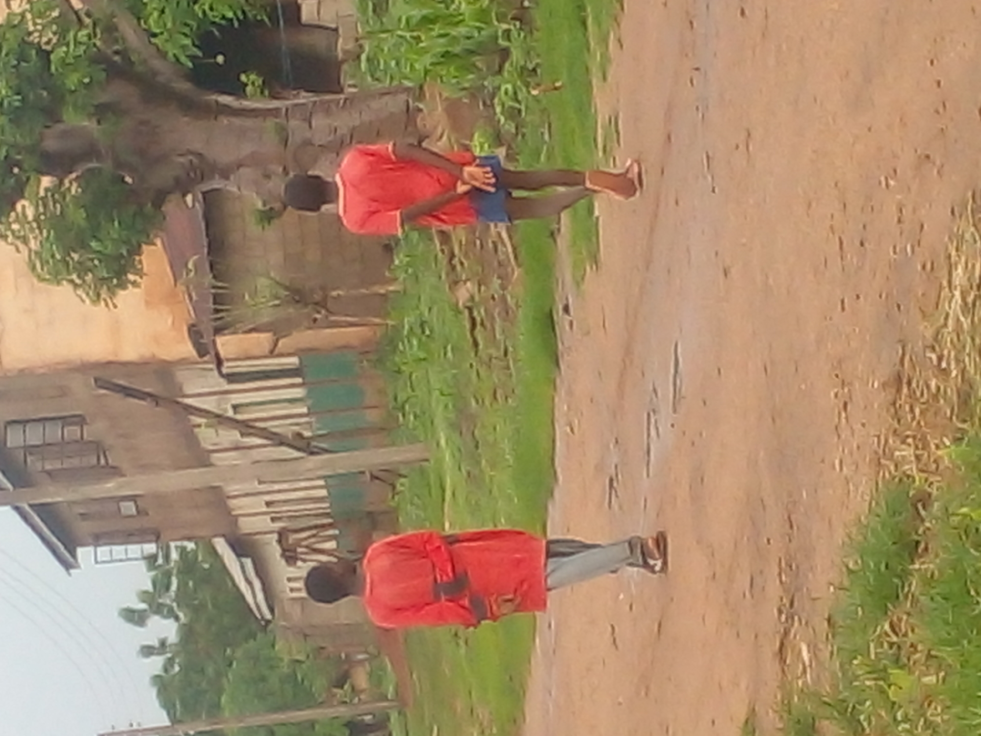 Two young boys walk away from the camera on a dirt road in Langtang, Nigeria. The boy on the left wears a long-sleeved red shirt and light gray pants. His hands are clasped behind his back. The boy on the right wears a short-sleeved red shirt and blue shorts. His hands are also clasped behind his back. Behind them, a two-story building with a tin roof stands to the left, and a large, leafy tree is prominent to the right. The area is rural, with overgrown grass and vegetation visible on the sides of the road.