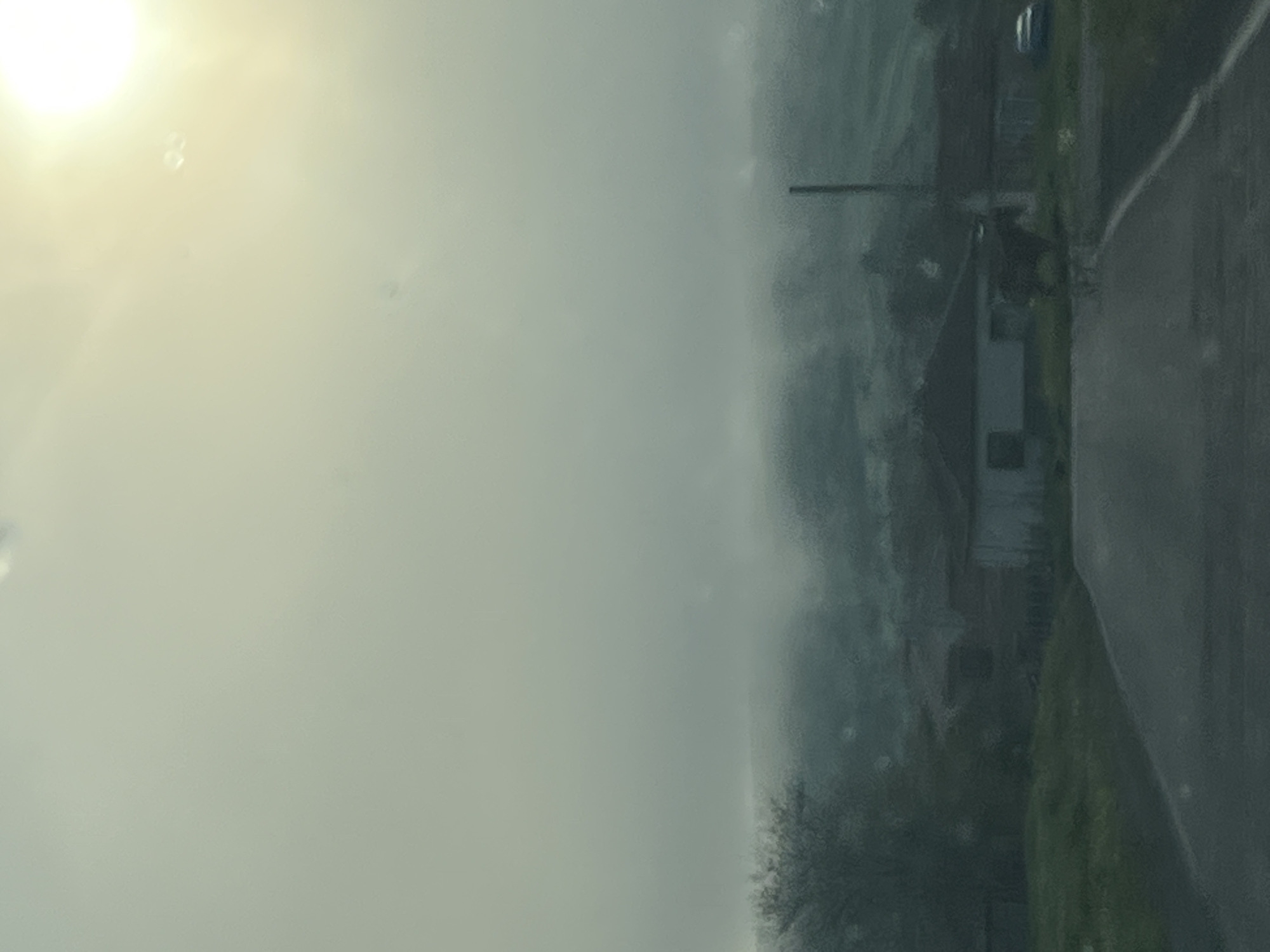 A blurry, tilted, and underexposed photo appears to show an exterior scene in Zidarovo, Bulgaria. To the right, a road is visible, along with green grass and a tree. Further to the left and partially obscured by mist or fog, there is a house with a dark roof. To the top left, there is a bright light source, potentially the sun. A utility pole is also partially visible. The quality of the photograph makes it difficult to discern further details.