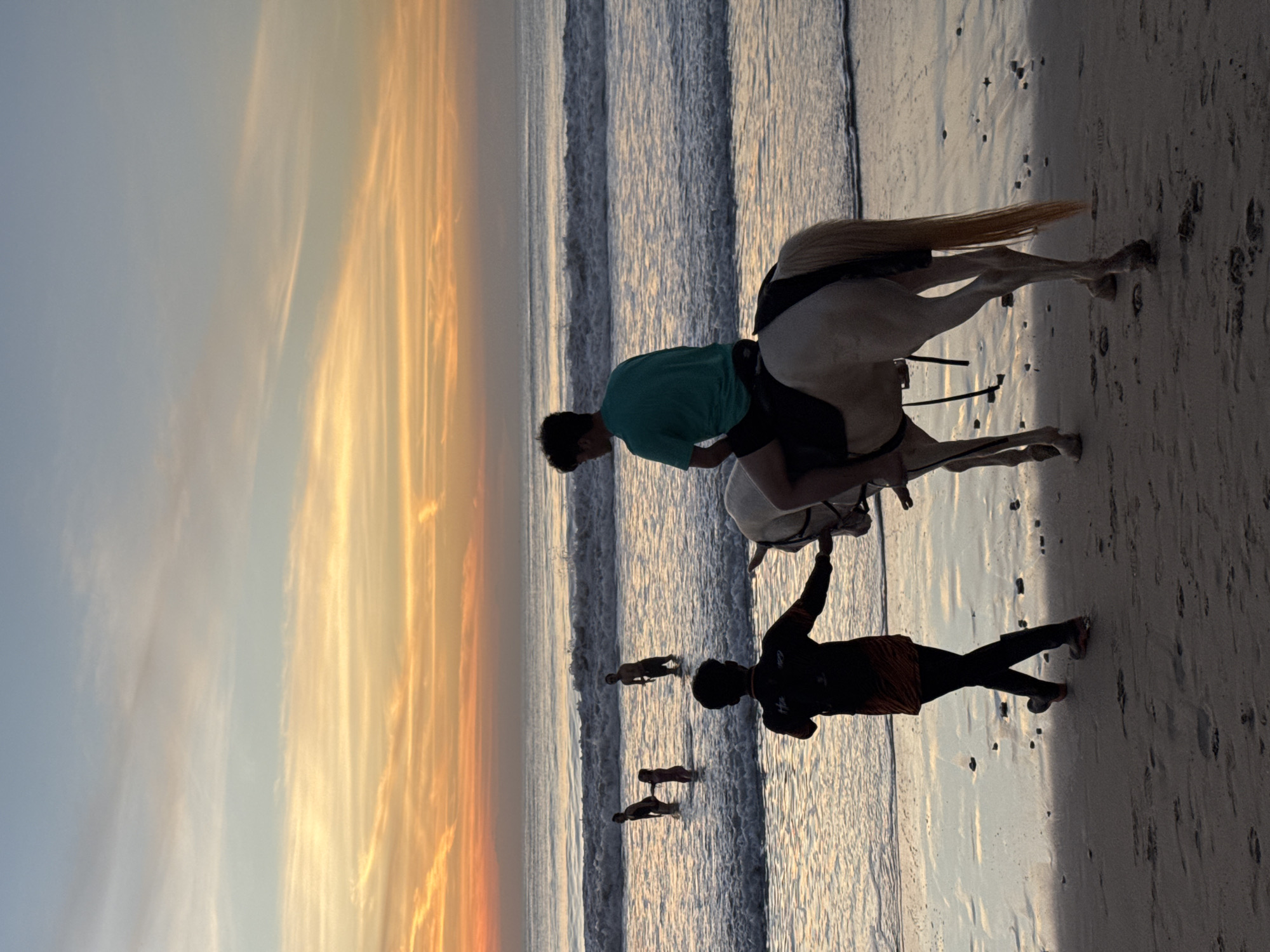 Captured in Kuta Selatan, Indonesia, the image depicts a beach scene at sunset. A man wearing a green shirt rides a white horse at the water's edge, led by a figure in a dark, long-sleeved shirt and dark pants. Several other figures are visible wading in the ocean nearby. The beach is sandy, and the ocean reflects the golden hues of the setting sun. The sky is streaked with colors ranging from orange to yellow.