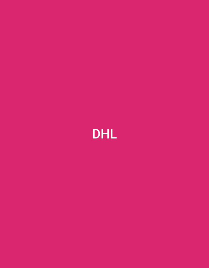 The image displays a uniform hot pink background that fills the entire frame. Centered horizontally and vertically on this field is the word "DHL" rendered in white, capitalized, sans-serif block letters. No other visual elements, figures, objects, or environmental details are present. The scene is located in Casablanca, Morocco.