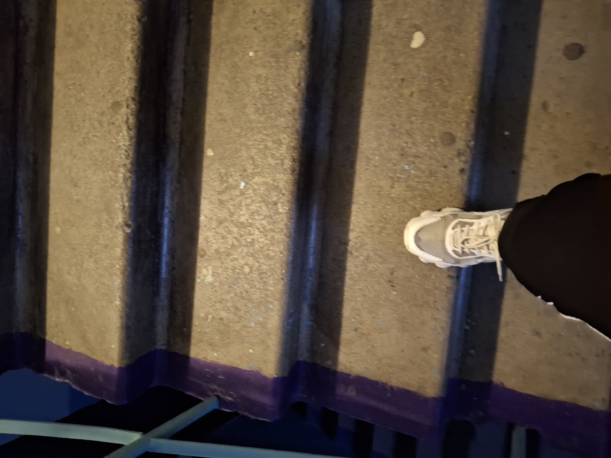 A first-person perspective shot shows a person's right foot wearing a grey and white athletic shoe, stepping onto a concrete stair. The shoe is laced and positioned in the lower-middle right of the frame. The stairs are textured and appear worn, with a dark, narrow edge along the risers. A purple stripe is painted along the left edge of the stairs, contrasting with the neutral tones of the concrete. A light blue metal railing is visible on the far left, running vertically along the stairs. The lighting suggests it is nighttime or a dimly lit area, casting shadows on the steps. The background is dark and indistinct. The location is not discernible from the image alone.