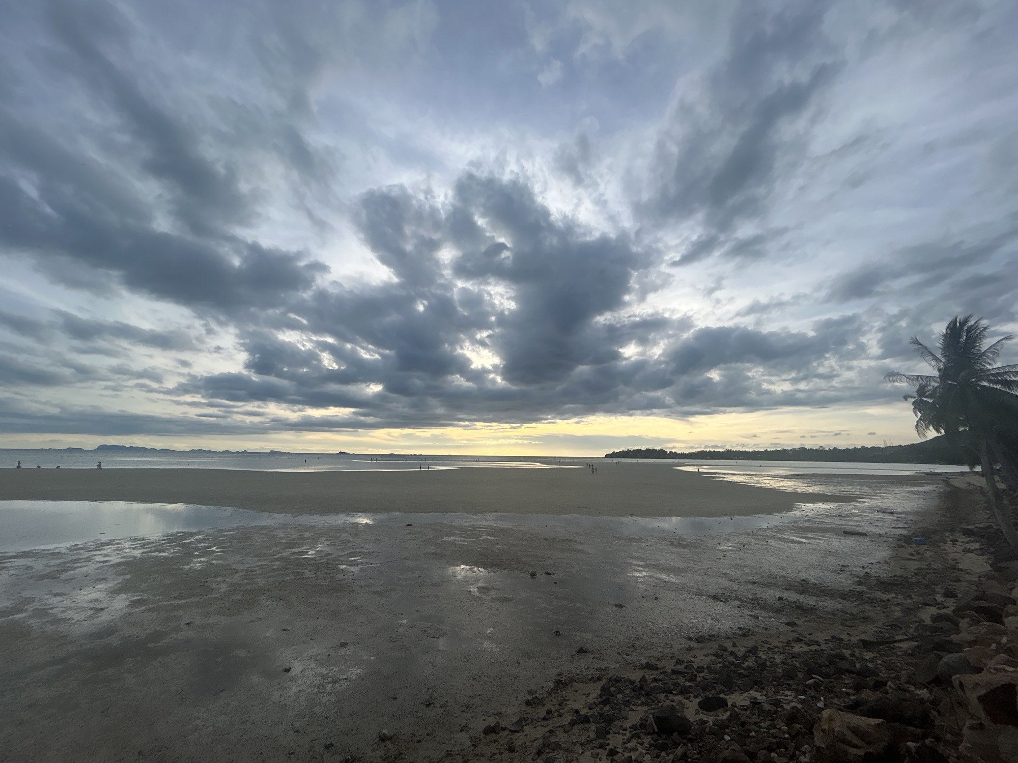 The image depicts a coastal scene in ตำบลเกาะพะงัน, Thailand. The foreground is dominated by a muddy beach with scattered rocks. The tide is low, revealing a wide expanse of sand and shallow water reflecting the sky. In the midground, several people are walking on the beach. The horizon features a faint yellow glow, possibly from the setting sun, obscured by heavy, dark clouds that fill the majority of the sky. Palm trees are visible on the right side of the frame, near the rocky edge of the beach.