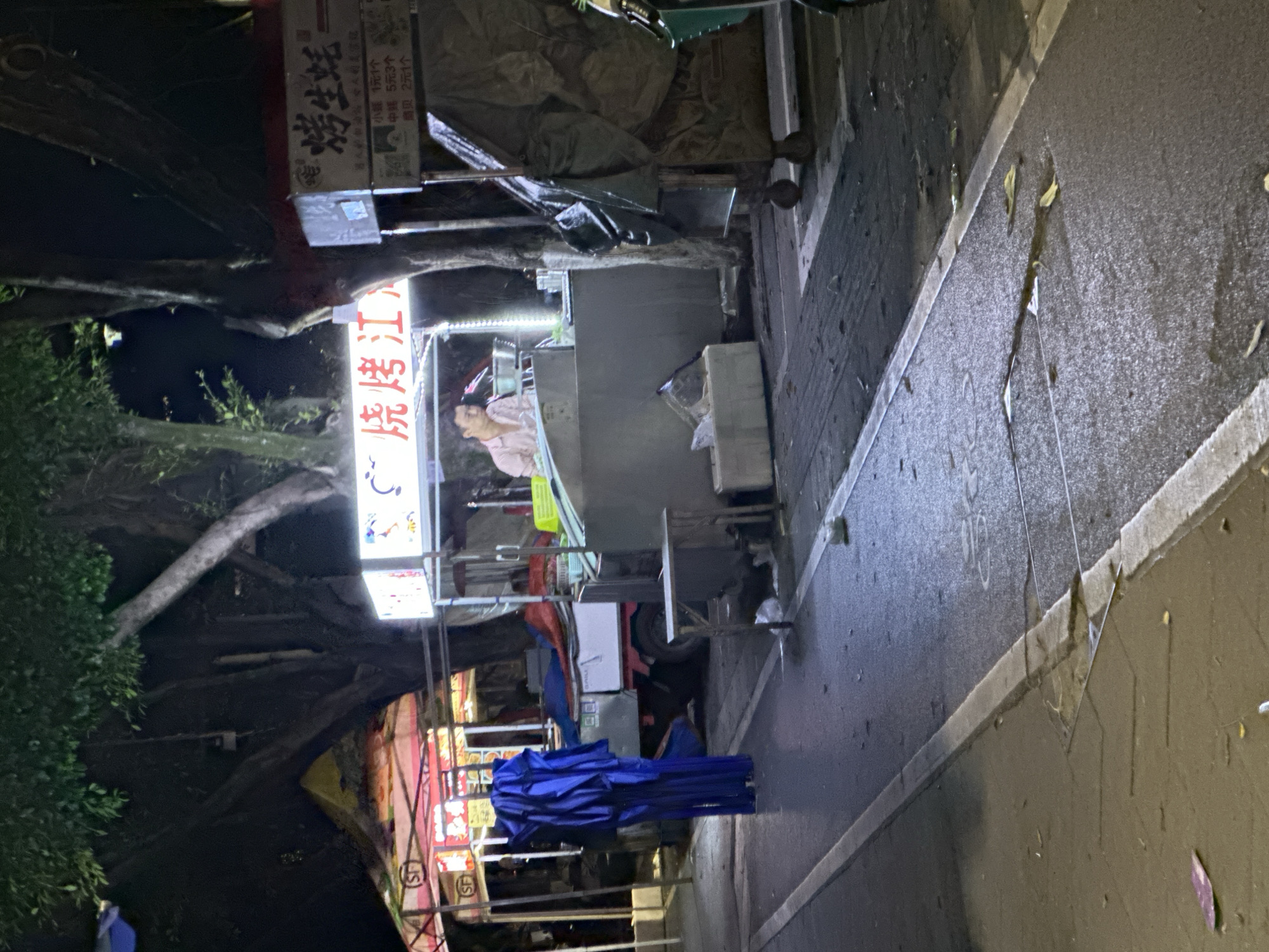 This image captures a nighttime street food scene within the Chongqing High-tech Zone, China. A male individual, wearing a light-colored collared shirt, stands behind a metal food preparation stall in the center, illuminated by a bright sign featuring Chinese characters "烧烤江" (Shāokǎo Jiāng), signifying "Barbecue Jiang," and a cartoon chicken graphic. In front of this stall, a white styrofoam cooler and a small, folded metal stool are placed on the wet, dark asphalt ground, which shows reflections from the artificial lighting and scattered debris.
To the right, a partially visible mobile food cart covered with a dark tarp displays a sign reading "烤生蚝" (Kǎo Shēngháo), indicating "Grilled Oysters," with a price list for various items: "小串 1元1个" (small skewer 1 yuan 1 item), "中蚝 5元3个" (medium oyster 5 yuan 3 items), and "扇贝 2元1个" (scallop 2 yuan 1 item). Further to the left and in the background, several other street food stalls with colorful canopies, some bearing "SF" logos, are visible. A small white utility truck is parked behind these stalls.
On the left side of the foreground pathway, a tall, folded blue tent or canopy structure stands upright. The background is dominated by large, dark trees with visible branches, creating deep shadows. The ground surface is uniformly wet, suggesting recent rain or cleaning, with clear white painted lines marking the edge of the pathway. The overall scene depicts a functional urban night market environment.