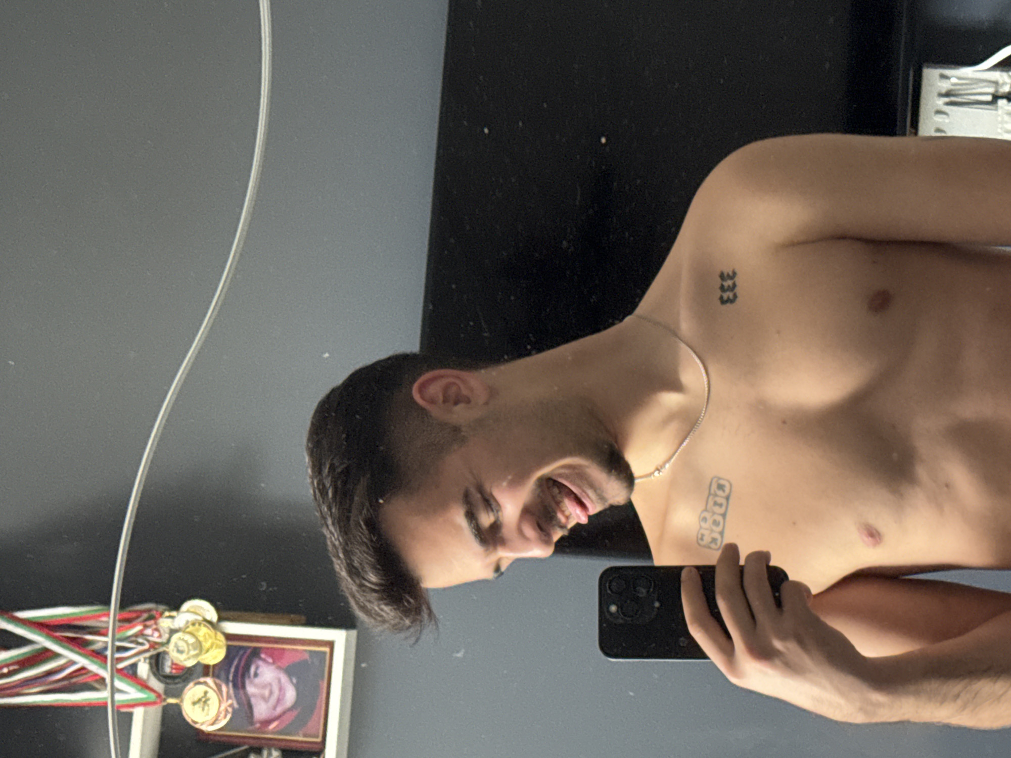 In an indoor mirror selfie, a young man, shirtless and with short dark hair and light stubble, is captured from the chest up. He grins widely, showing his teeth and tongue, suggesting a playful or cheerful mood. He holds a black smartphone with a triple camera system to take the photo.
He wears a thin silver chain necklace. Visible tattoos include the number "333" on his left shoulder/upper arm and "3800" in a blocky font on his left chest, near his collarbone.
The background, reflected in the mirror, features a dark wall and a lighter gray wall. To the left, a collection of medals with ribbons in red, green, and white (colors often associated with the Bulgarian flag) are displayed on what appears to be a medal hanger or stand. Some medals are gold and bronze. Below the medals, a framed picture shows a person, possibly a child, wearing a cap or uniform. A thin, clear cable or string is visible running vertically in the upper left of the reflection. The presence of medals with Bulgarian flag colors, combined with the context of Sofia, Bulgaria, provides a strong location cue for the image.