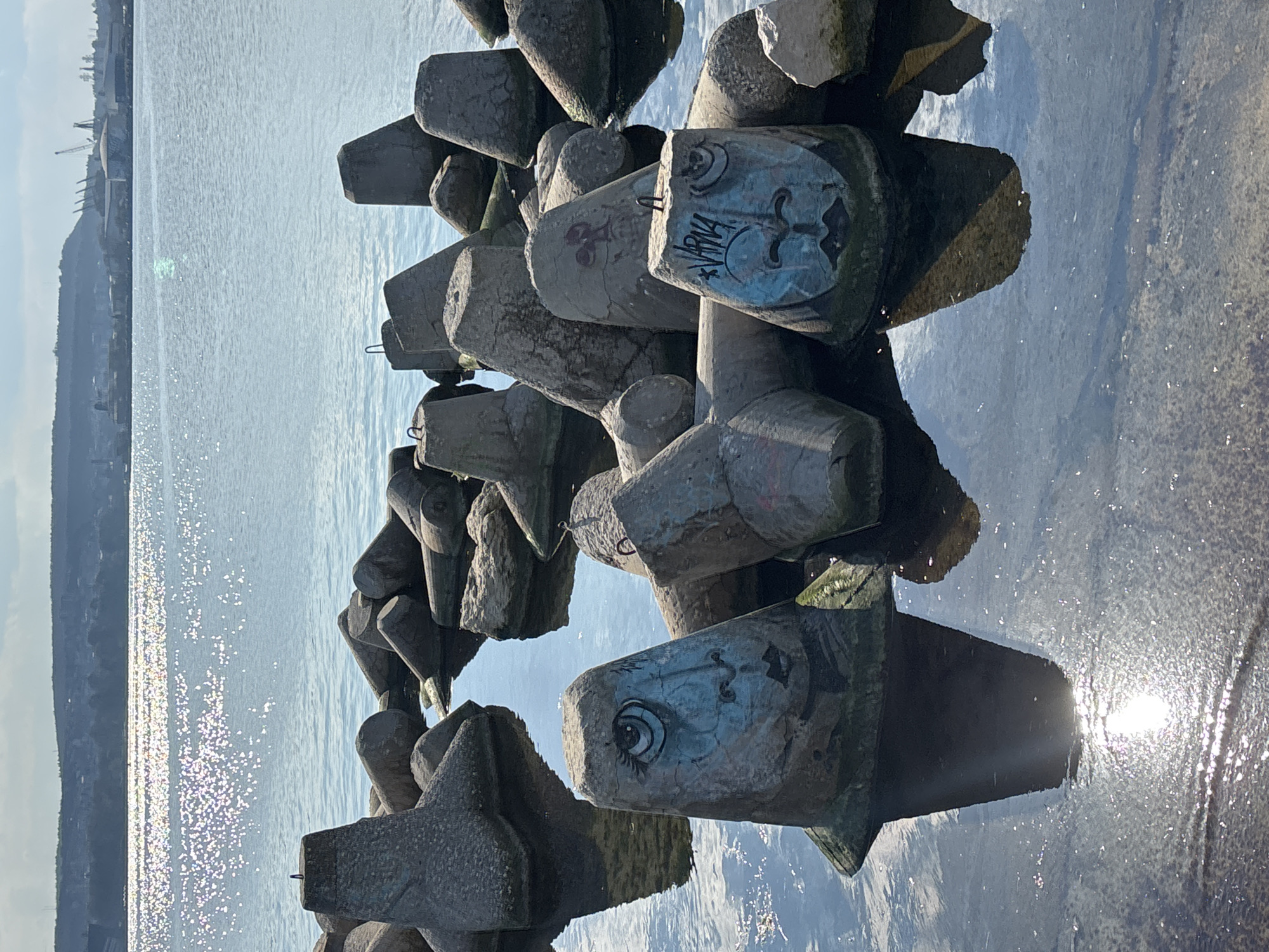 The image shows a breakwater composed of tetrapod concrete structures in the city of Varna, Bulgaria. The tetrapods are grey, weathered, and covered with graffiti, including cartoonish faces and the word "VARNA" written on one structure. The breakwater is situated in the sea, with the water level reaching up to the base of the tetrapods. The sea water reflects the sunlight, creating bright sparkles. In the background, the coastline with some buildings and industrial infrastructure is visible. The sky is bright and slightly hazy.
