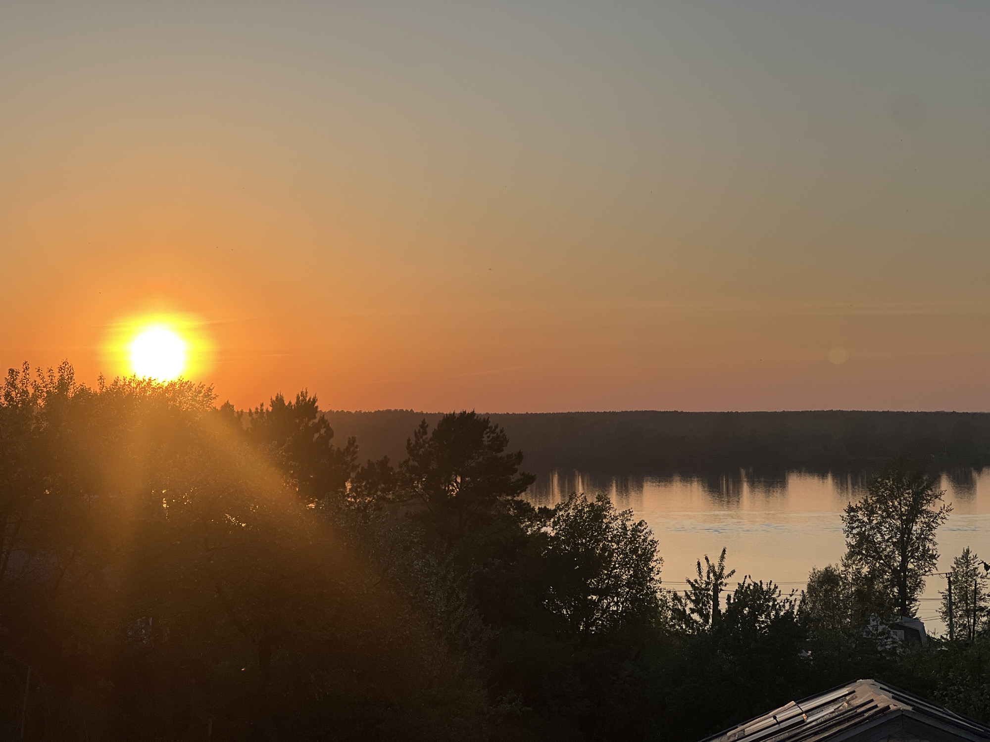 The image captures a sunset over a body of water, likely a river or lake, in Chaikovsky, Russia. The sun is positioned low on the horizon, partially obscured by trees, casting a golden glow and sunbeams across the landscape. Silhouetted trees line the foreground, with their reflections visible in the water. A distant tree line runs along the opposite bank of the water, and the sky transitions from orange near the horizon to a lighter blue-gray towards the top of the frame. The roof of a building is visible in the bottom right corner. There are no people depicted in the scene.