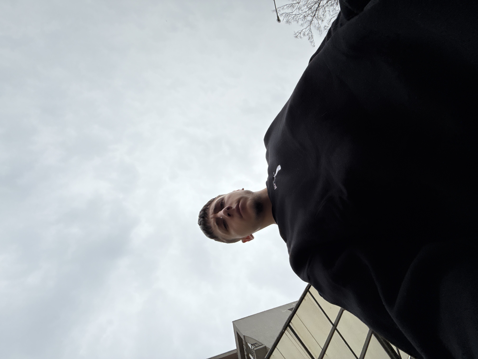 A man is depicted from a very low-angle perspective, looking down into the camera, dominating the central and right portions of the frame. He has short dark hair and a goatee, with a neutral to slightly serious expression. He is wearing a black long-sleeved sweatshirt, on which a small white logo, possibly resembling the Puma brand, is visible on his left chest area.
The background primarily consists of an overcast, cloudy sky, indicating daytime but subdued lighting. In the upper right corner, bare tree branches are visible against the grey sky, suggesting a colder season. Towards the lower right, a modern building with angular architecture, featuring dark frames and light-colored, possibly reflective glass panels, can be seen partially. The image appears to be an outdoor shot taken on a cloudy day in Sofia, Bulgaria. No explicit text is clearly decipherable beyond the potential brand logo.