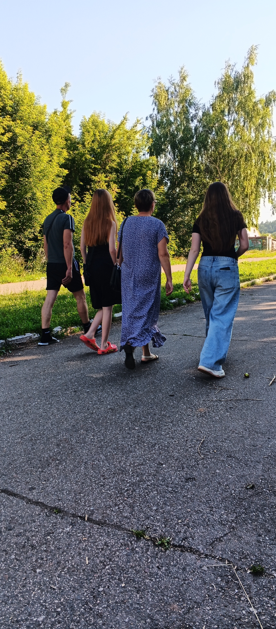 The image depicts four individuals walking away from the camera on a paved surface, likely a sidewalk or road, in what is identified as the city of Подгорное, Russia. The setting appears to be an outdoor area with abundant greenery, featuring trees and grass on the left side of the path. The sky is clear and blue, suggesting a sunny day.
From left to right, the first person is a male wearing a dark t-shirt, dark shorts, a black baseball cap, and black socks with white stripes on his shoes. He is walking in the same direction as the others.
Next is a female with long, reddish-brown hair, wearing a black dress and carrying a black bag over her shoulder. She is also walking away from the camera.
The third individual is a female with short, dark hair, wearing a blue, patterned dress and sandals. She is walking alongside the person in the black dress.
The last person visible is a female with long, dark brown hair, wearing a black t-shirt and light-wash denim jeans. She is also walking away from the camera.
The paved surface shows signs of wear, with cracks and small patches of grass growing through them. In the background, to the right, there are some structures, possibly buildings, with visible graffiti. The overall scene is one of people casually walking outdoors in a natural, yet developed, urban environment.