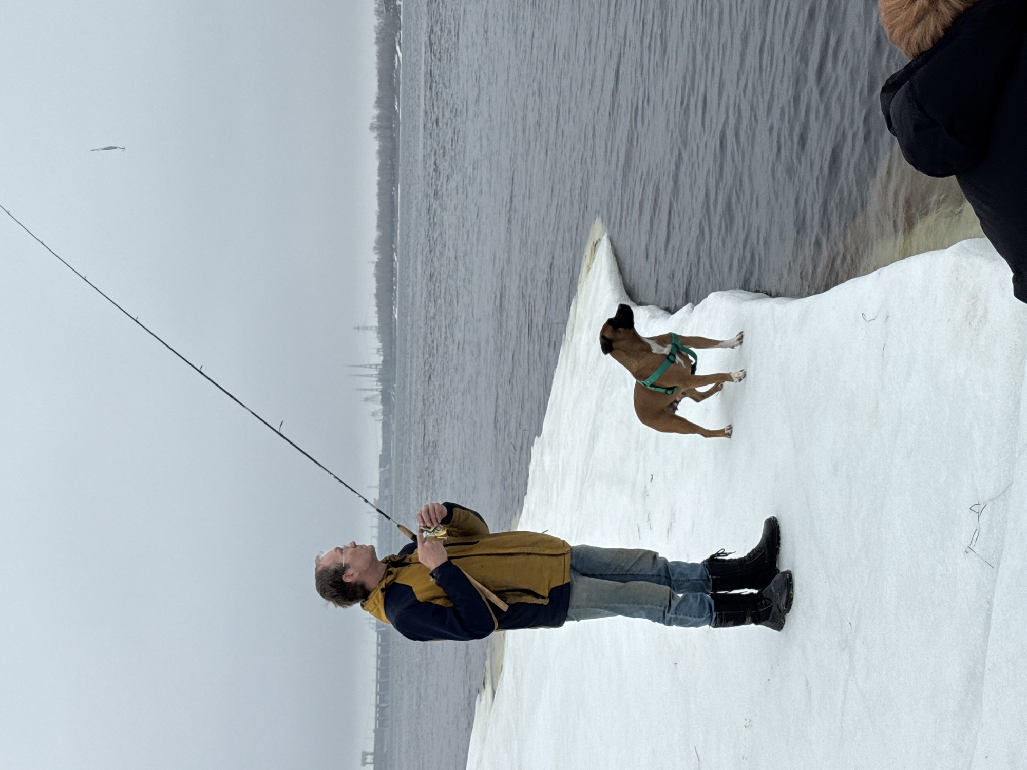 A man is fishing on the snowy bank of a body of water in Noviy, Russia. The sky is overcast. The man is wearing a dark blue and brown jacket, jeans, and black boots. He is holding a fishing rod, looking up. A dog is standing on the snow near the man. Another person partially appears in the right side of the image. In the background are city structures across the water.