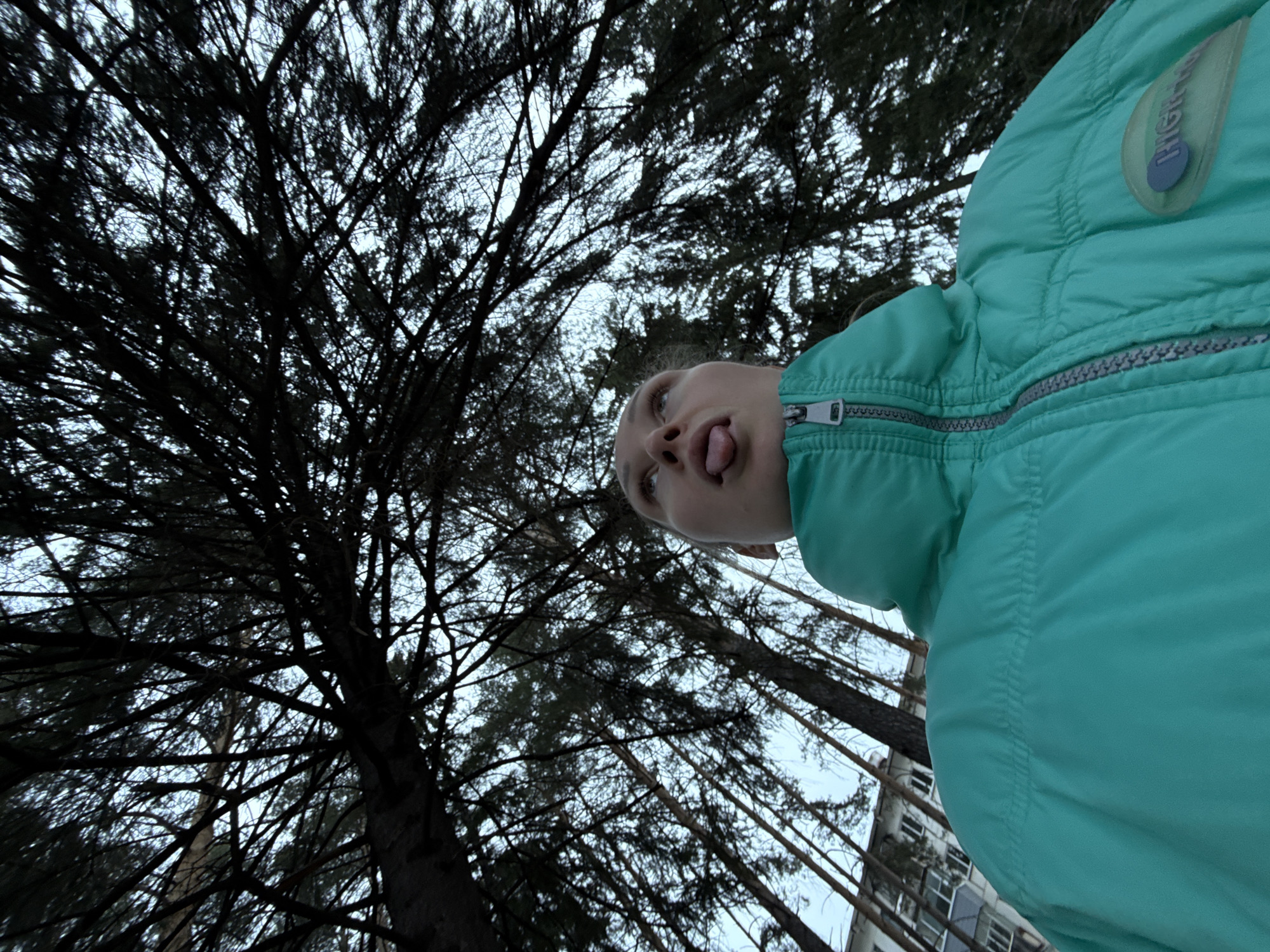 A low-angle shot depicts a person with light skin and blonde hair, wearing a light teal puffer jacket, sticking out their tongue. The person is positioned against a backdrop of dense, dark tree branches extending across most of the frame. In the lower right corner, a portion of a light-colored building with windows is visible.
Given the presence of pine trees and the architectural style of the building, it's plausible to place the location in a residential area of the city of Chaikovsky, Perm Krai, Russia, possibly a park or wooded area near an apartment complex. The lighting suggests it is daytime, but potentially overcast or during the late afternoon, casting shadows and limiting visibility in the tree canopy.