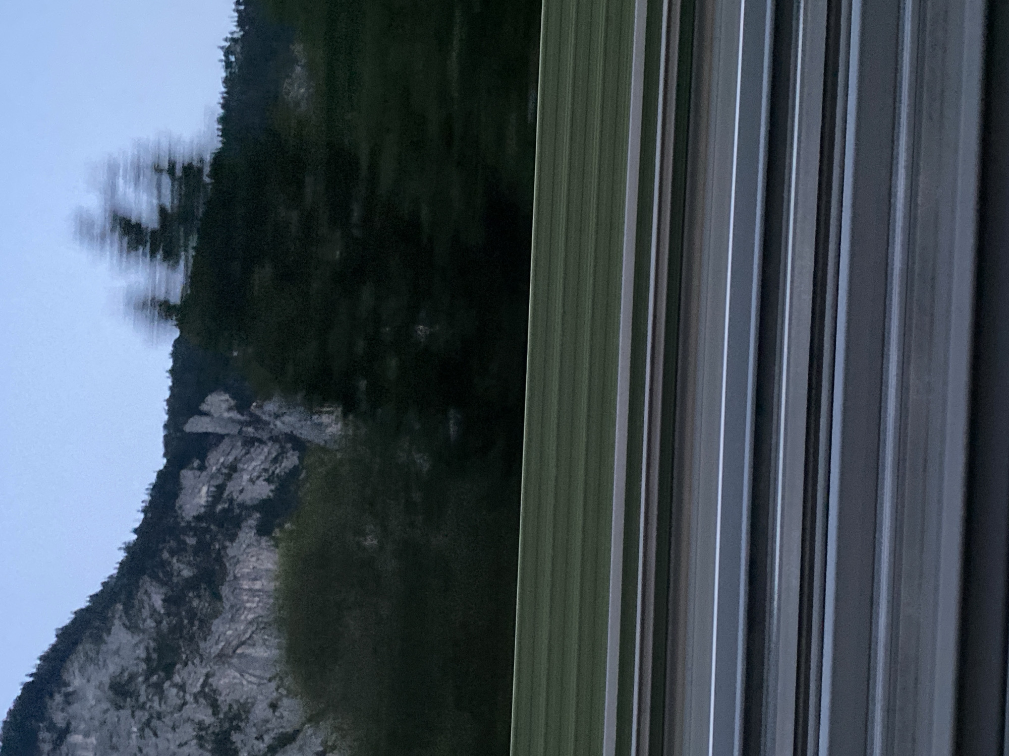 The image depicts a motion-blurred view from a vehicle traveling along a multi-lane highway. In the background, a craggy, grey mountain rises, its upper reaches sparsely populated with dark green coniferous trees. Below the mountain, a dense band of dark green foliage, likely trees and bushes, spans the horizon. A bright green, horizontal barrier, possibly a sound barrier, separates the highway from the vegetation. The highway itself is in the foreground, showing several lanes delineated by white lines. The overall scene suggests a natural landscape viewed from a moving vehicle on a transportation route, possibly in the vicinity of Oberndorf, Austria, given the mountainous terrain.