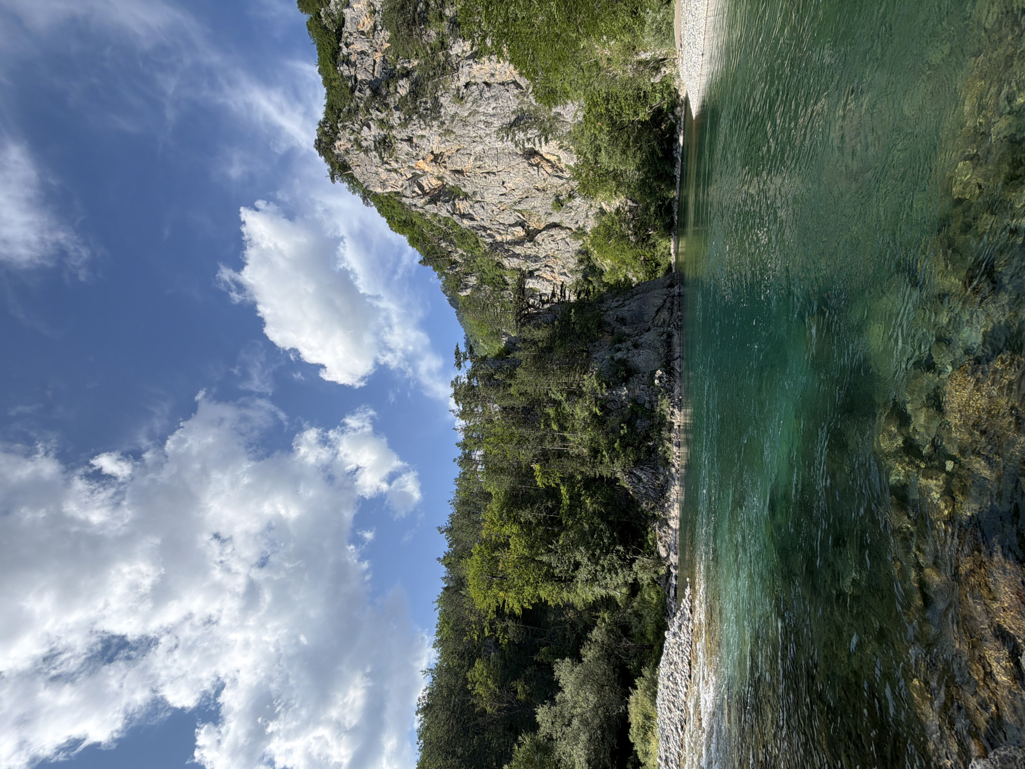 The image depicts a natural scene in the city of Bistrica, Montenegro. A clear, turquoise river flows through the foreground, its rocky bed visible beneath the surface. The riverbanks are lined with lush green trees and dense forest. Towering, rugged cliffs rise steeply on the right side of the image, with patches of vegetation clinging to their rocky faces. A dramatic rock formation, possibly a natural bridge, is visible on the left, further into the gorge. The sky above is a vibrant blue, dotted with fluffy white cumulus clouds. The overall impression is one of pristine natural beauty and rugged wilderness. There are no people or animals visible in the scene.