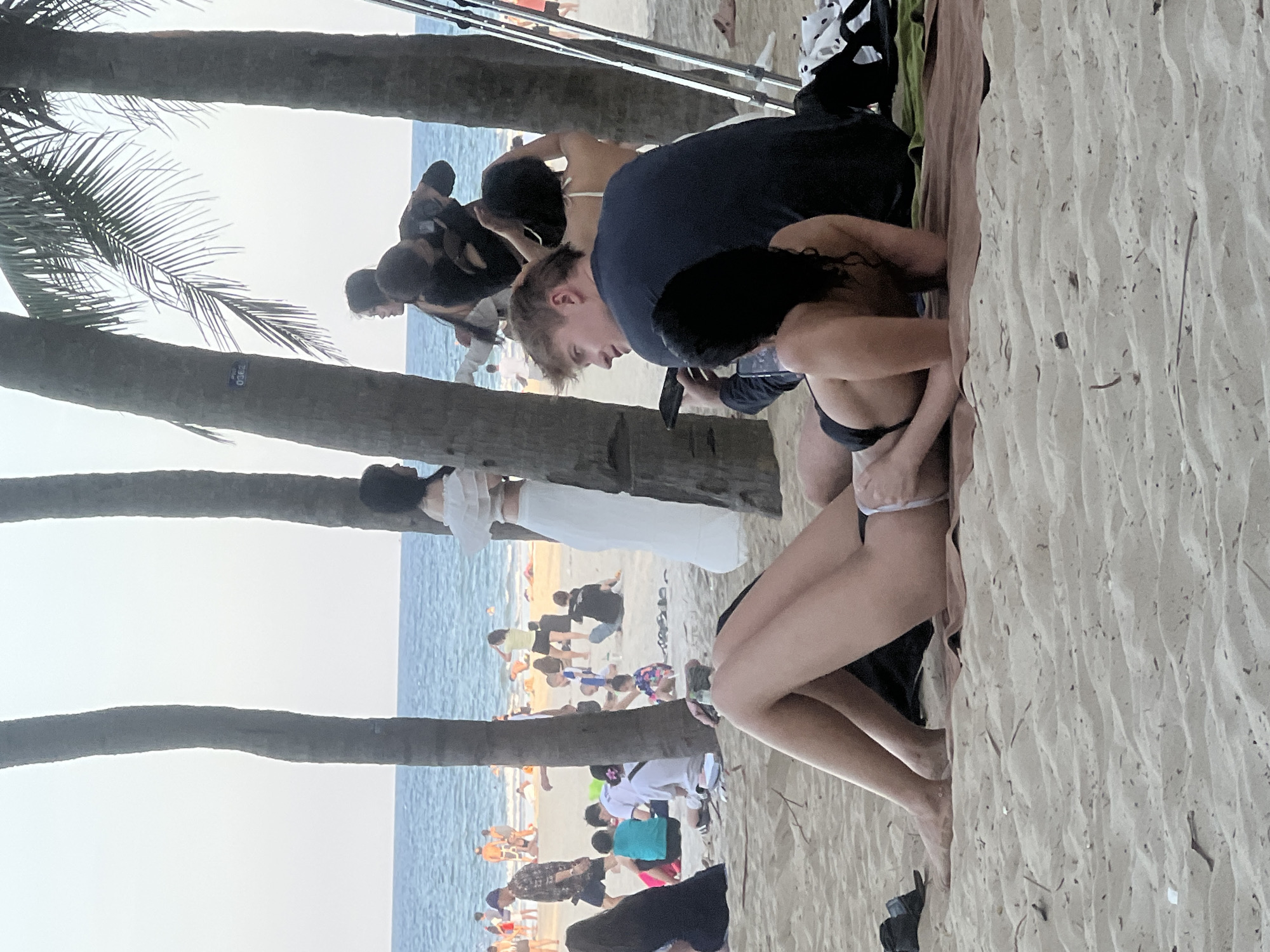 The image depicts a lively beach scene in Đà Nẵng, Vietnam. Several people are present, some gathered together and others spread out on the sand near palm trees and the ocean.
In the foreground, a young woman wearing a black bikini is seated on the sand, leaning back with her arms resting on her lap. Beside her, a young man in a dark t-shirt is looking down at his phone. Other individuals are seen sitting and interacting among the palm trees.
Further in the background, a diverse crowd of people are enjoying the beach. Some are standing, others are sitting or crouching. The ocean is visible with calm water. The atmosphere appears to be casual and relaxed, typical of a beach outing.
The time of day appears to be late afternoon or early evening, as indicated by the soft lighting and the gentle hue of the sky. The weather seems pleasant, suitable for a beach day. Palm trees are a prominent feature of the setting, along with the sandy beach and the sea.
There is a price tag with numbers visible on one of the palm trees. The image captures a moment of leisure and social interaction on a Vietnamese beach.
