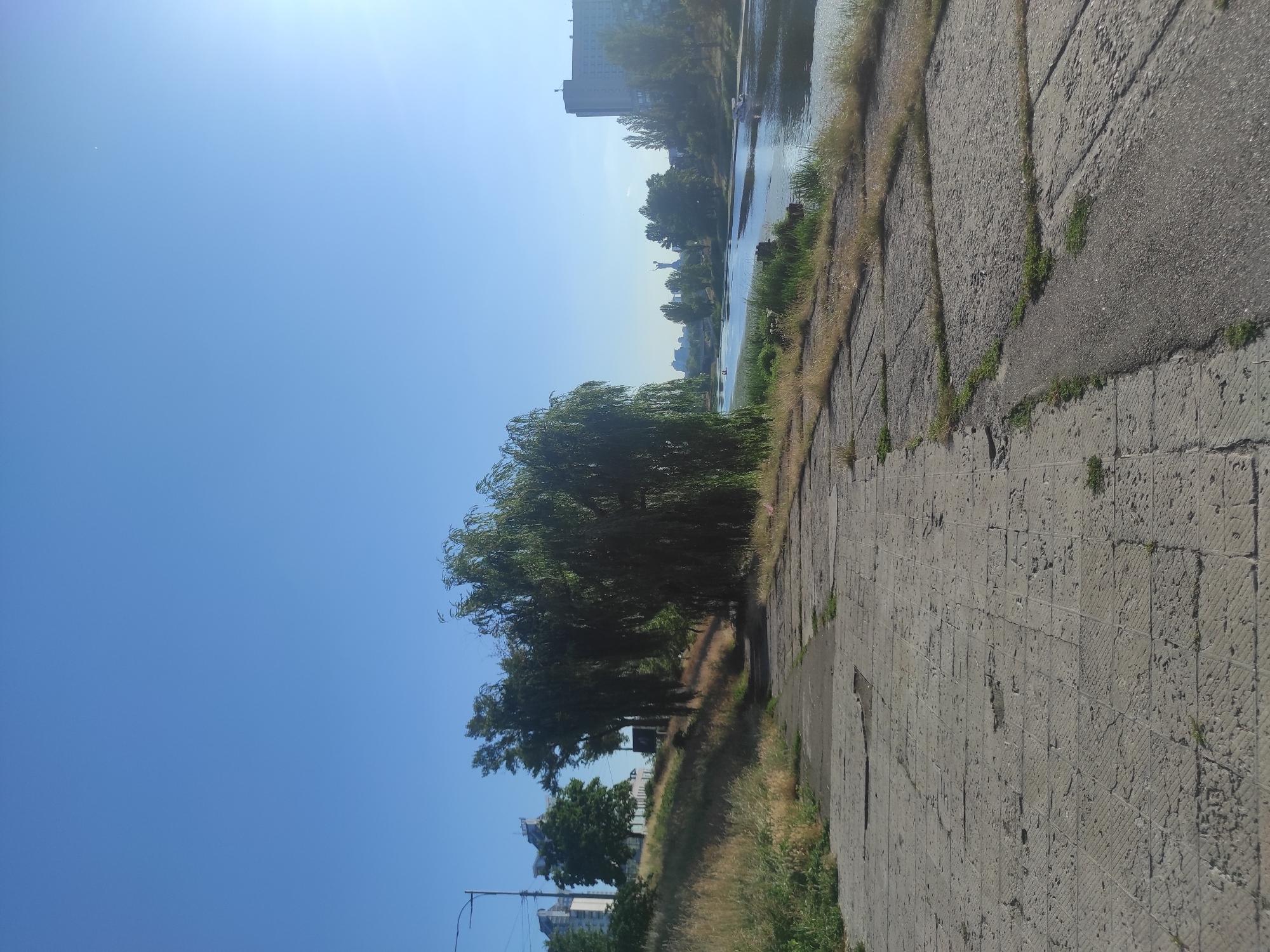 The image depicts a paved walkway in Kyiv, Ukraine, adjacent to the Dnipro River. The walkway, made of large concrete slabs, is cracked and overgrown with grass in places. To the left of the walkway, a grassy slope rises, dotted with trees and buildings in the distance. A tall, slender street lamp is visible on the left side of the image. The right side of the walkway slopes down towards the river.
The Dnipro River is calm, with a boat sailing on it in the middle ground. On the far bank, there are more trees and buildings, including a tall, modern building on the right. In the center of the far bank, a prominent monument, likely the Motherland Monument, stands against the clear blue sky. The sky is bright and cloudless, indicating a sunny day. The overall scene suggests a public park or embankment area within the city.