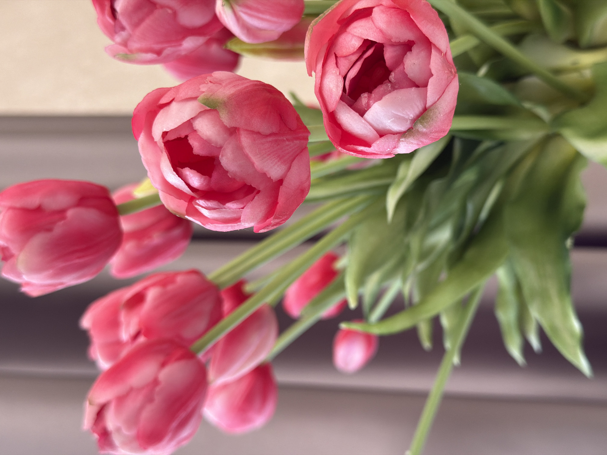 This is a close-up, eye-level, vertical shot of a bouquet of pink tulips. The flowers are in various stages of bloom, with some tightly closed buds and others opening to reveal their delicate petals. The lighting is soft and diffused, suggesting it might be daytime, possibly indoors with indirect natural light. The background is a soft blur of beige and muted grey, offering no specific location cues. The focus is entirely on the tulips, their vibrant pink color, and textured petals. The stems are a bright green, providing a visual contrast to the flowers. The overall mood is peaceful and serene, highlighting the natural beauty of the tulips. There is no visible text in the image.