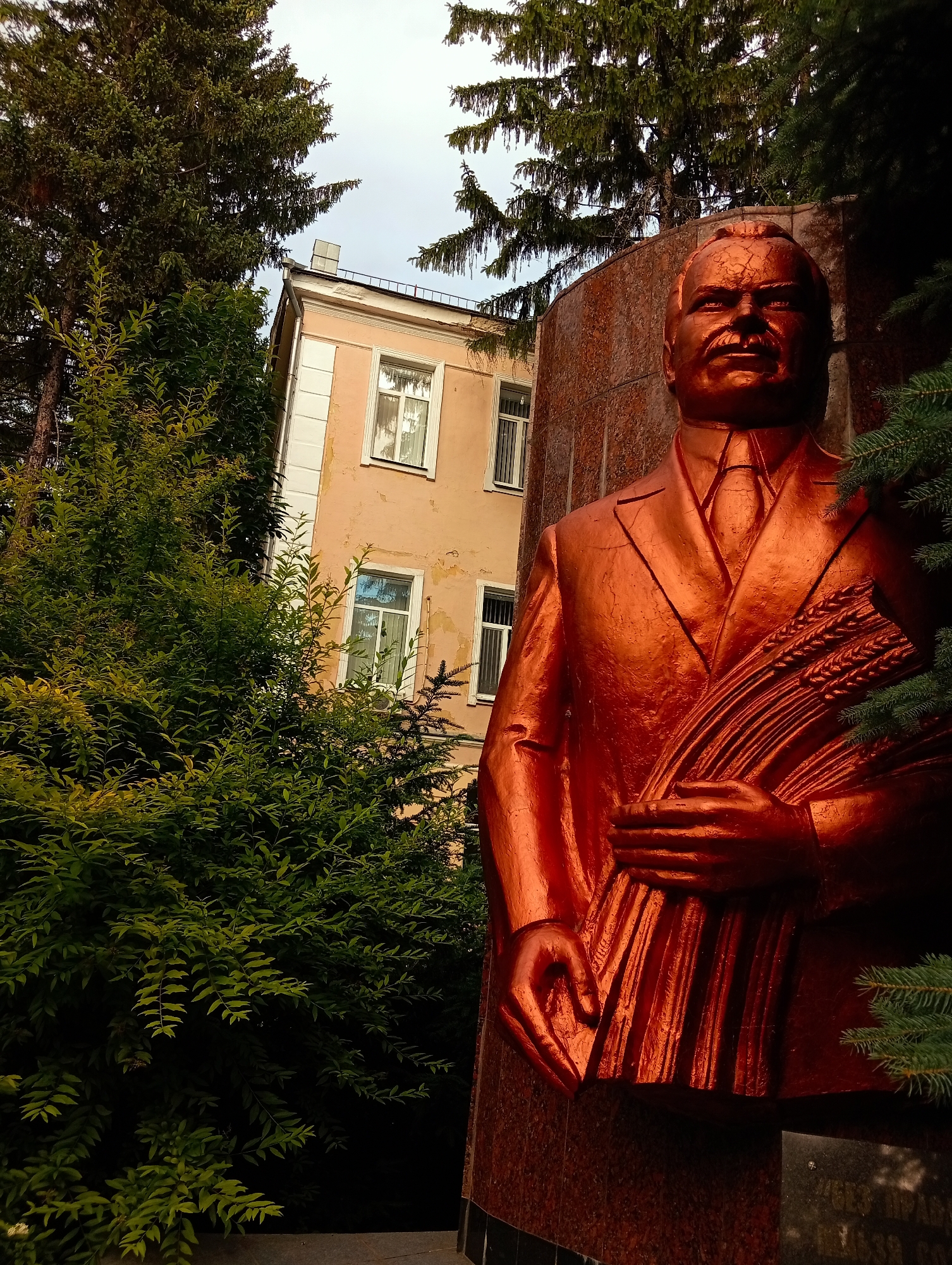 This media file shows a bronze statue of a man in a suit, holding a bundle of wheat stalks. The statue is a reddish-brown color and is situated in front of a building and surrounded by lush green trees and pine branches. The man in the statue has a stern expression, a mustache, and his hair is pulled back. He is dressed in a suit jacket, shirt, and tie. The wheat stalks are held in his left arm and hand, with some branches of wheat cascading down the front of his suit.
In the background, a light peach-colored building with white trim and windows can be seen. The building appears to be multi-story, with several windows visible. The sky above is overcast, suggesting a cloudy day. The trees in the foreground are dense and leafy, with some pine branches extending into the frame, partially obscuring the statue.
The scene appears to be an outdoor memorial or public space, likely in a park or near a significant building, given the presence of the statue and the formal landscaping. The overall impression is one of solemnity and perhaps commemoration, with the wheat symbolizing abundance or agricultural prosperity. There is no visible text in the image that can be read. The time of day is difficult to determine precisely due to the overcast sky, but it appears to be daytime.