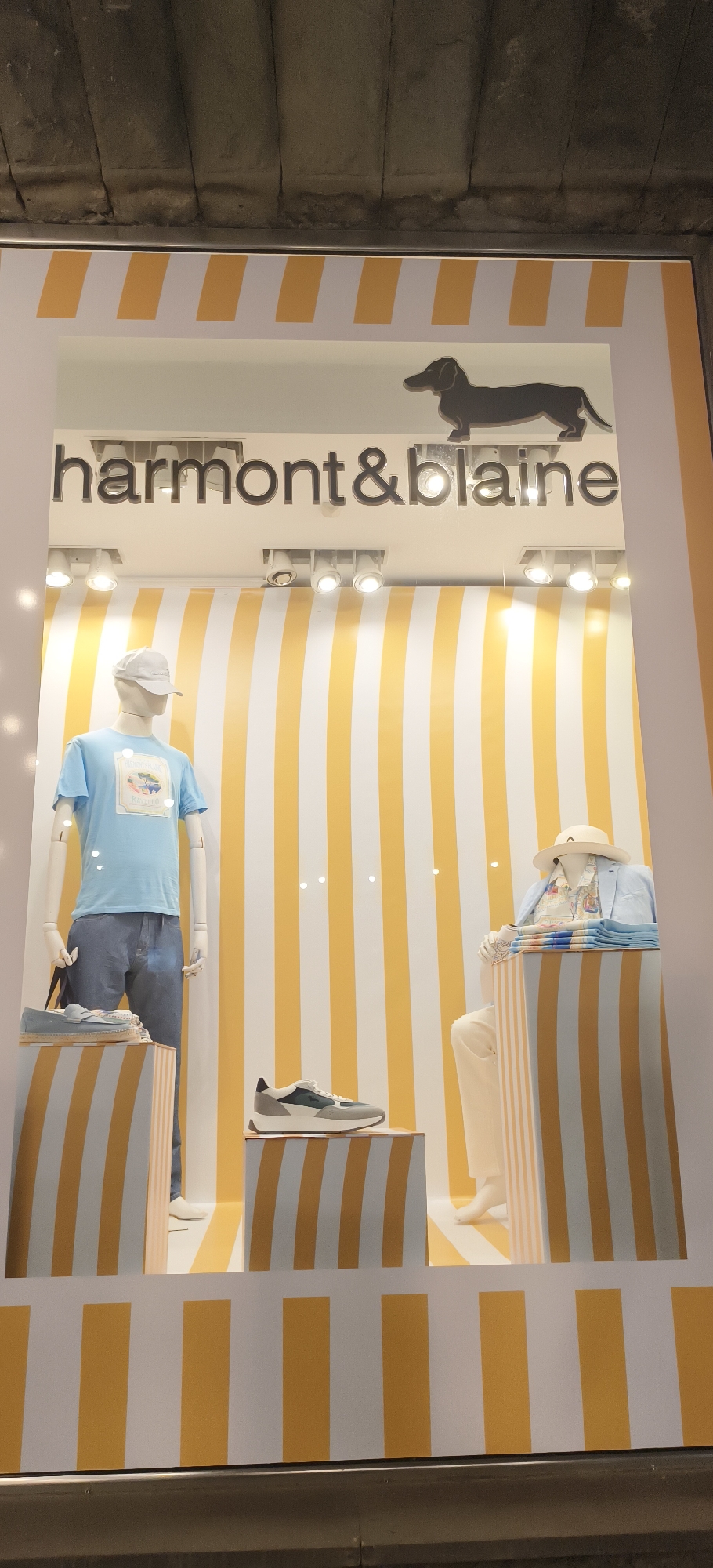 This image captures a retail display window for the Harmont & Blaine brand, likely situated in Yerevan, Armenia. The scene features a bright and summery theme with a backdrop of alternating vertical white and yellow stripes, extending to the cuboid display stands within the window.
Two male mannequins showcase the brand's apparel. On the left, a standing mannequin wears a light blue crew-neck t-shirt with a colorful graphic print, light blue denim jeans, and a white baseball cap. A pair of light blue espadrille-style shoes are displayed on a striped pedestal beside him. On the right, a seated mannequin is styled with a light-colored fedora hat, a light blue casual jacket, and a patterned shirt, paired with cream-colored trousers. A stack of folded garments in coordinating blue and patterned fabrics rests on a striped stand next to him. A pair of gray and dark blue casual sneakers with white soles is also displayed on a separate striped stand in the foreground.
Prominently displayed above the mannequins is the brand name "harmont & blaine" in dark lettering, accompanied by the distinctive silhouette of a dachshund, the brand's logo. The display is brightly illuminated by several recessed spotlights mounted on the ceiling of the window, creating reflections on the glass. The general aesthetic suggests casual, warm-weather fashion. A rough, possibly concrete, structure is visible above the top of the window frame.