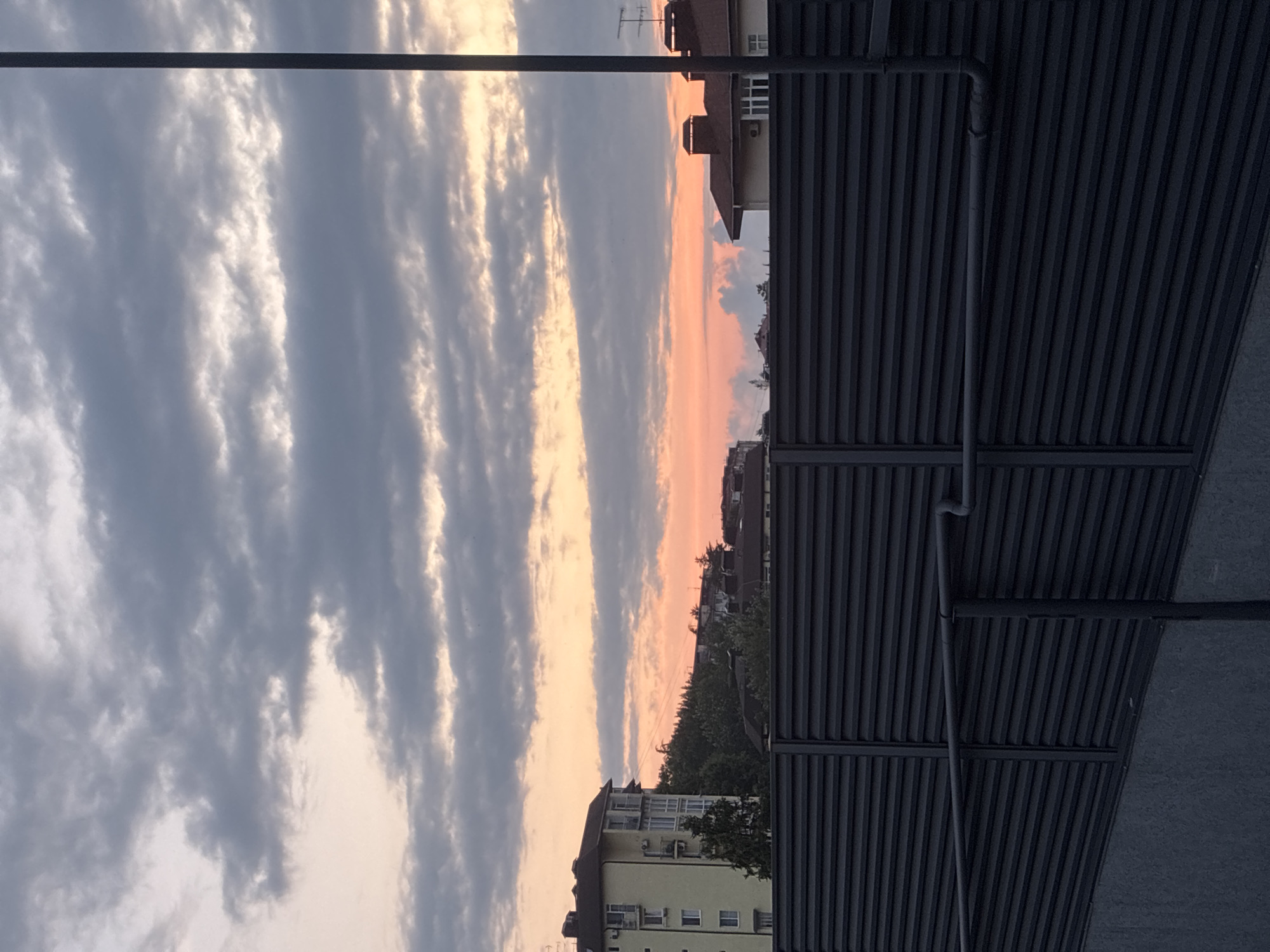 A wide shot captures a twilight sky over a residential area, likely Sochi, Russia, based on the architectural style and vegetation. The sky is dominated by a palette of soft oranges and pinks near the horizon, transitioning to shades of grey and white with dramatic cloud formations. A tall, dark lamppost stands prominently on the right side of the frame, its silhouette stark against the lighter sky.
In the mid-ground, several buildings are visible. On the left, a multi-story, pale yellow apartment building features numerous windows and balconies. Behind it, dense green trees obscure the lower portions of the landscape, with some taller trees reaching towards the sky. To the right of the apartment building, more residential structures with reddish-brown tiled roofs and chimneys are apparent.
The foreground is occupied by a dark, horizontal slatted fence, casting a shadow on a textured concrete surface below. A dark, horizontal pipe runs along the top of the fence, connected to a vertical pipe structure on the right. The overall impression is one of a tranquil urban evening, with the natural beauty of the sunset juxtaposed against the man-made structures of a city. There are no people or animals visible in the scene.