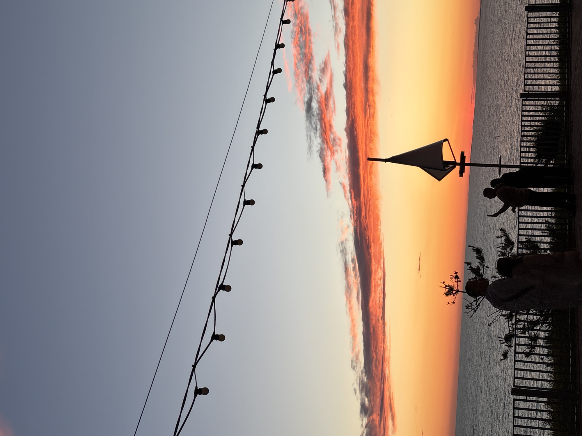 The image depicts a serene sunset scene over a body of water in Sennoi, Russia. The sky transitions dramatically from a soft grey-blue in the upper left to vivid oranges, reds, and pinks at the horizon, indicative of dusk. A long, horizontal band of streaky clouds, also imbued with red and orange hues, stretches across the sky, contrasting with the lighter sky above.
In the upper left quadrant, a string of bare light bulbs hangs diagonally, silhouetted against the sky. Below the colorful horizon, a vast expanse of calm, dark water is visible. A dark metal fence runs horizontally along the lower portion of the image, bordering a promenade or viewing area.
Several people are silhouetted against the bright sunset. On the right, a person with a distinct hairstyle or hat is seen looking towards the water. Further to the left, another individual appears to be holding a phone, possibly taking a photograph or video of the sunset. Nearby, a white, sail-shaped structure on a pole stands out against the glowing sky. Sparse dark foliage is also visible behind the fence.
The overall scene captures a tranquil moment as people observe the beautiful sunset over the water. No visible text is present in the image.
