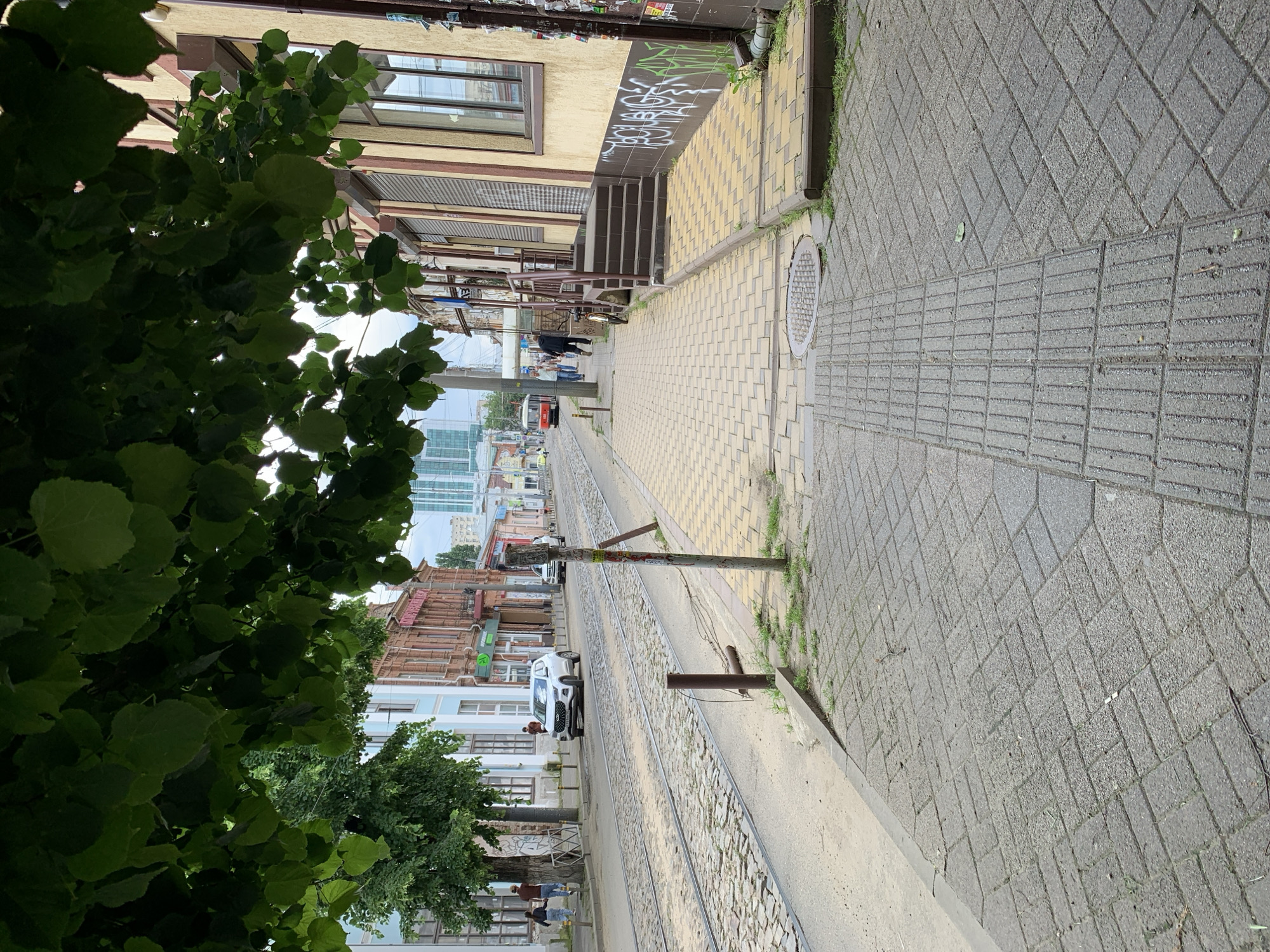 The image depicts an urban street scene in the city of Unknown. The scene is dominated by a narrow walkway paved with gray and yellow rectangular stones that lead into the distance. On the right side of the walkway is a section of tactile paving. Parallel to the walkway, towards the center of the image, run a pair of tram tracks made of metal. A utility pole with remnants of broken fixtures stands partially obscuring the view down the tracks. Buildings line both sides of the street, with architecture varying from weathered brick to pastel-painted facades. Several cars are parked along the street. Pedestrians are visible in the distance and along the lower edge of the frame. In the foreground on the left, a dense canopy of green leaves obscures a significant portion of the scene. The sky is overcast.