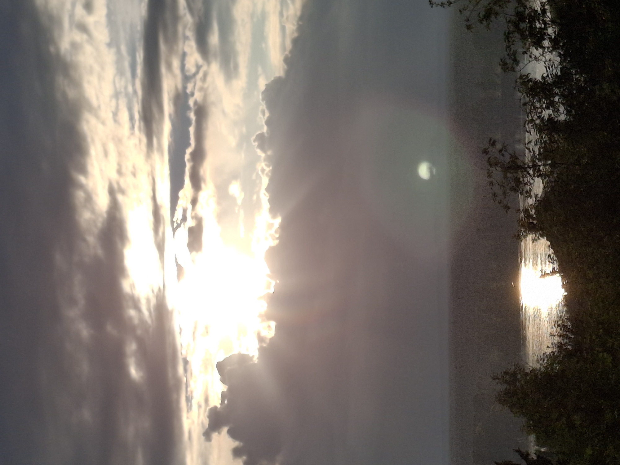 This is a vertical, low-light photograph of a sunset over a body of water, likely a river or lake, in Chaikovsky, Russia. The sun is low on the horizon, partially obscured by clouds, casting a brilliant golden light that reflects on the water. The sky is a mixture of dark storm clouds and bright, ethereal rays of sunlight breaking through. The foreground is dominated by dark, silhouetted trees and foliage on the right side of the frame, framing the scene. The overall mood is dramatic and serene, with the juxtaposition of light and shadow creating a sense of awe. The time of day is clearly sunset. There is no visible text in the image.