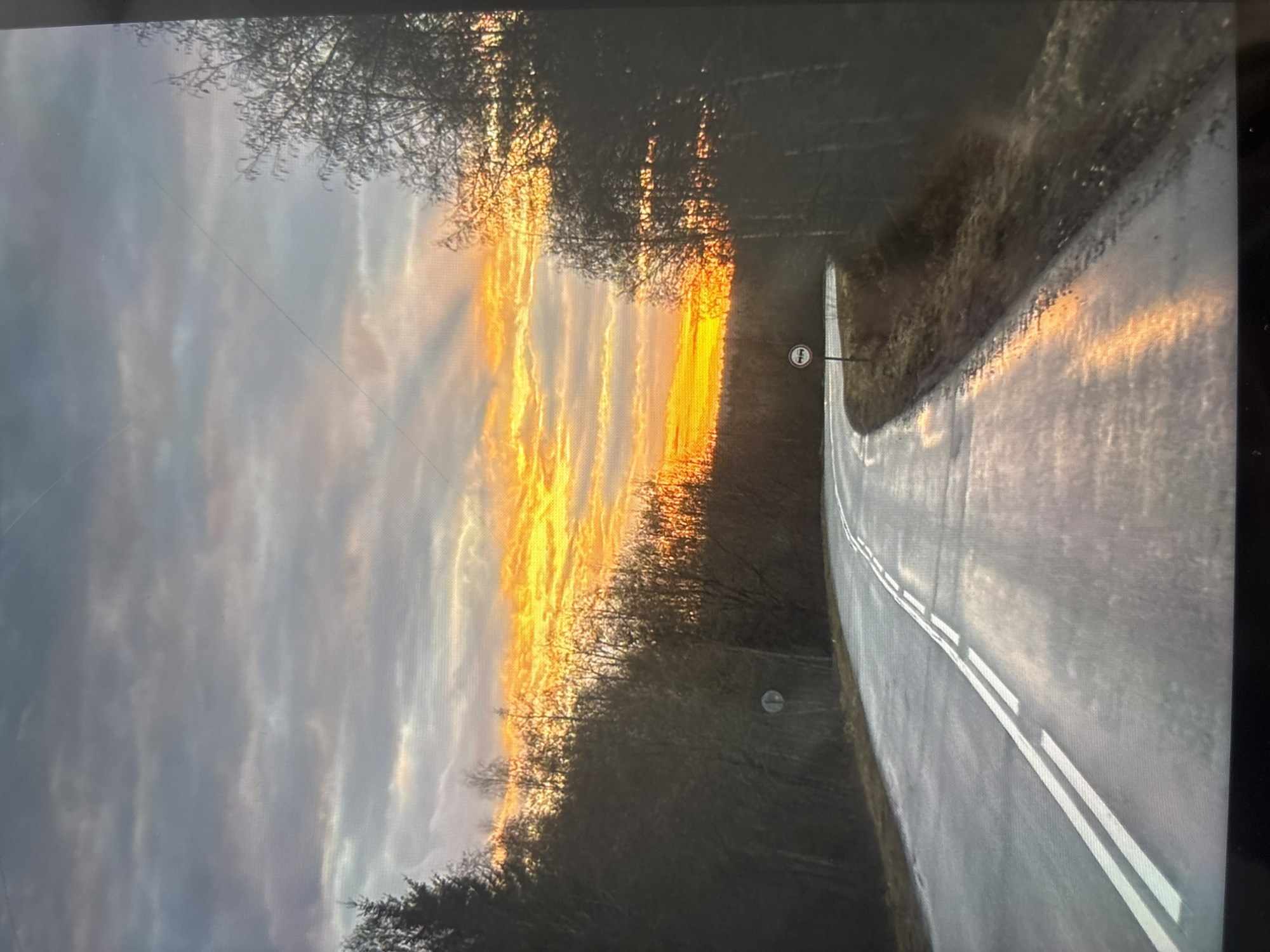 The image depicts a paved road curving to the right, marked with a double white line down the center. The road appears wet and reflects the light of a setting or rising sun. The sky is filled with striated clouds that are illuminated by golden light. Trees line either side of the road, their branches silhouetted against the sky. There are at least two circular signs on the left side of the road. The location is unknown.