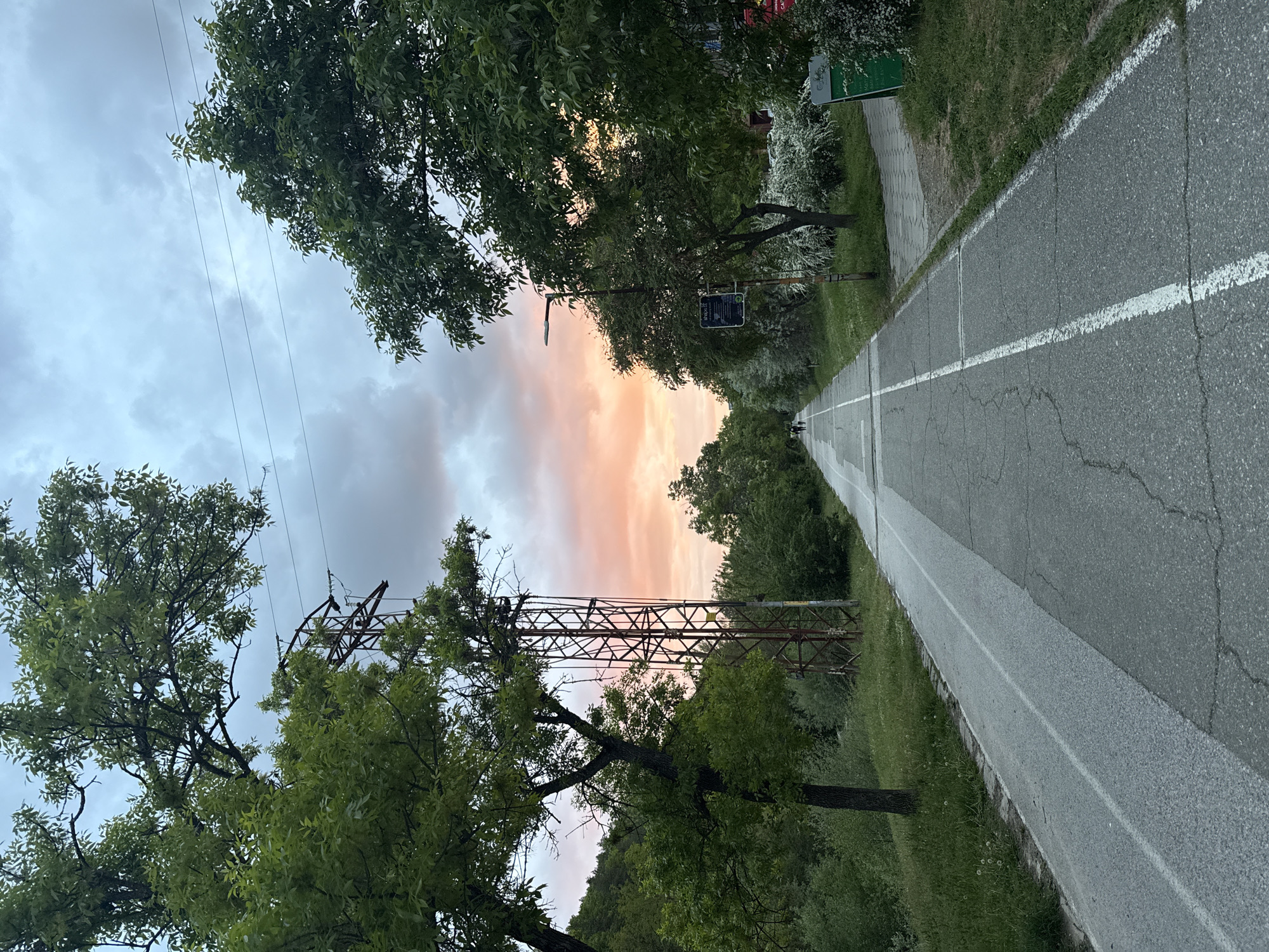 A photograph captures a straight paved road flanked by trees on either side. In the distance, the road appears to converge to a vanishing point with two small figures walking. A white line runs down the center of the road. To the left, a metal electrical transmission tower is visible through the trees, silhouetted against a sky tinged with pink and orange hues, suggesting sunset. The sky above the road is overcast with grey clouds. The roadside is covered with grass and other vegetation. The location is Blagoevgrad, Bulgaria.