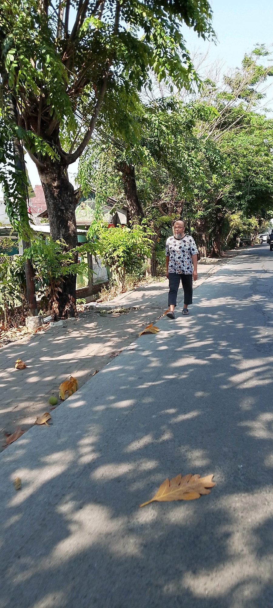 A man with a beard and glasses walks along a paved road lined with trees in Bekasi, Indonesia. He is wearing a short-sleeved shirt with a patterned design and dark pants. The road is bordered by a sidewalk with some foliage and scattered leaves. The sun is shining, casting shadows from the trees onto the road. In the background, houses and more trees are visible. A car can be seen in the distance on the right side of the road.