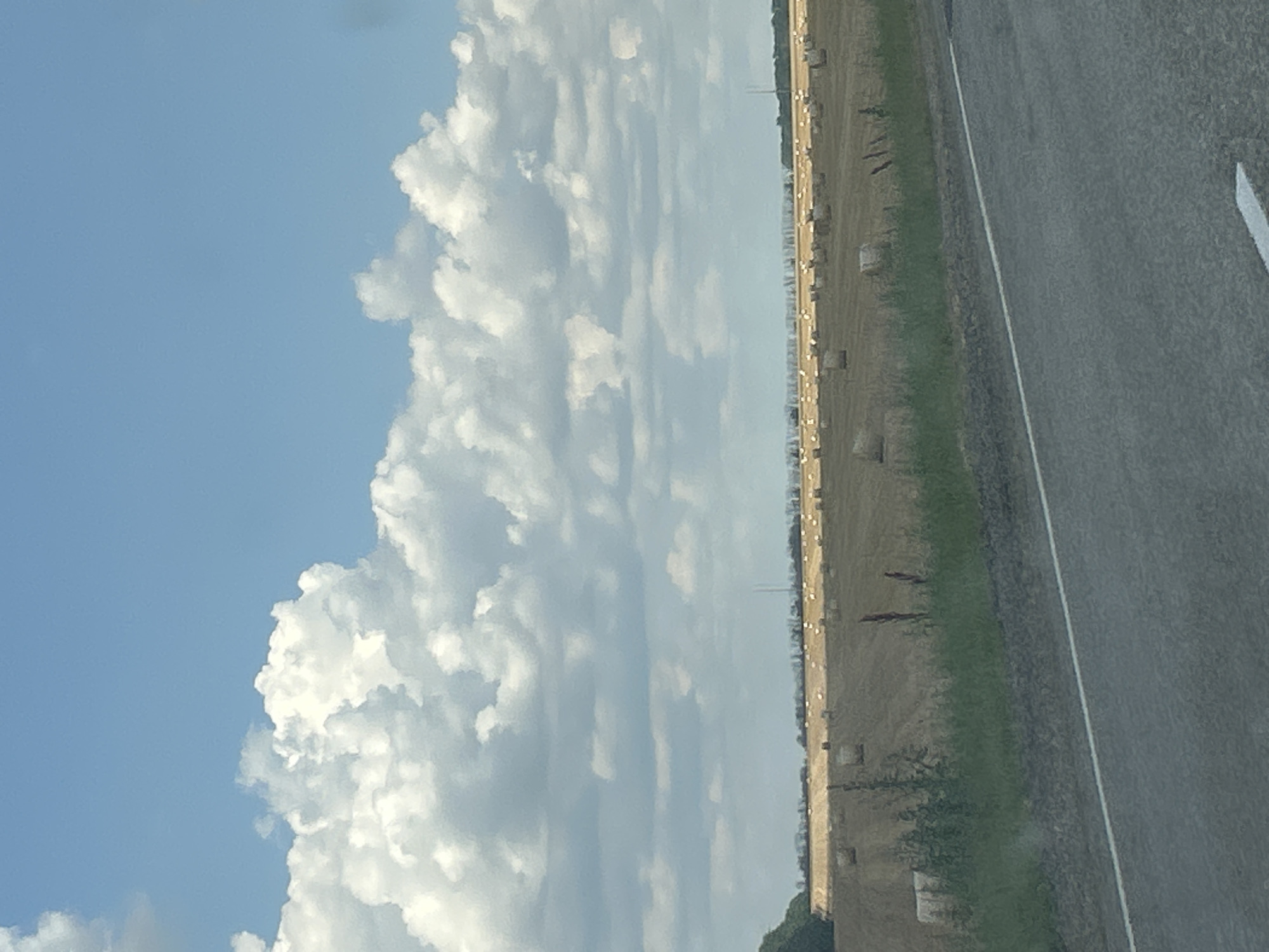The image displays a rural roadside scene under a bright, partly cloudy sky. The foreground on the right is dominated by an asphalt road with a white line marking the edge. To the left of the road is a strip of green grass, followed by a field of harvested crops, likely hay, with numerous round bales scattered across it. The bales are stacked and appear to be either freshly cut or waiting to be transported. In the distance, a line of utility poles stretches across the horizon, suggesting the presence of power lines. The sky is a vibrant blue with scattered fluffy white clouds, indicating fair weather. The overall impression is one of a summer day in a agricultural area. The image seems to be taken from a moving vehicle, given the slight blur and the perspective. There are no people visible in the image. The time of day appears to be late morning or early afternoon, judging by the bright sunlight and the shadows cast by the hay bales. The location is identified as Vyselki, Russia, which aligns with the rural landscape depicted.