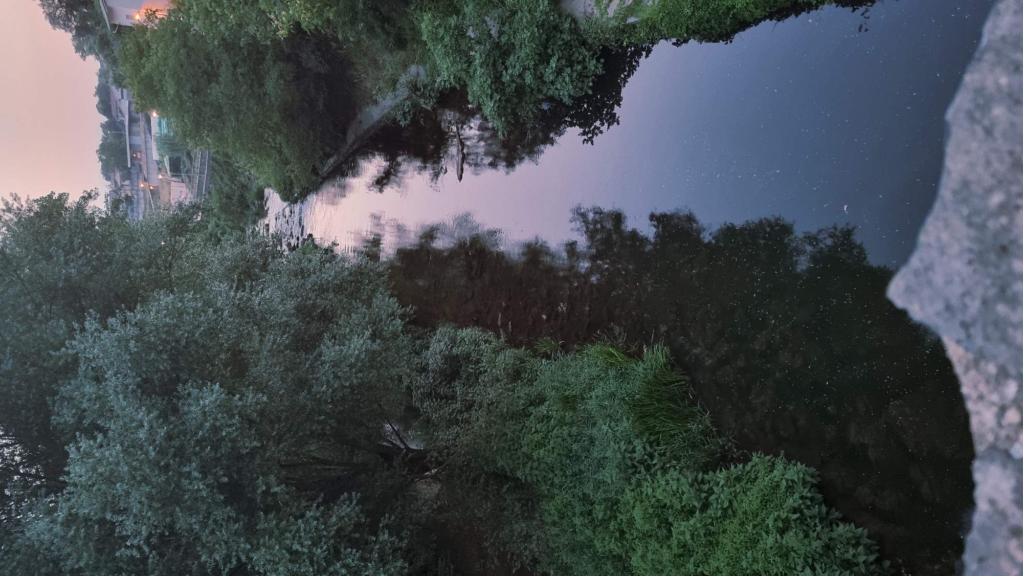 The image captures a view of the Fluvià River in Sant Joan Les Fonts, Spain, at dusk. The river, flowing from the background towards the foreground, is calm with reflections of the sky and trees on its surface. The banks of the river are lined with lush green vegetation and trees, with some of the trees appearing denser and taller on the left side of the image. In the background, across the river, the lights of a small town or village are visible, nestled on a hillside with buildings and streetlights. The sky is a soft gradient of pink and purple, indicative of twilight. The foreground shows a rough, textured surface, likely a stone bridge or embankment, from which the photograph is taken. There are no people visible in the scene. The overall atmosphere is serene and natural.