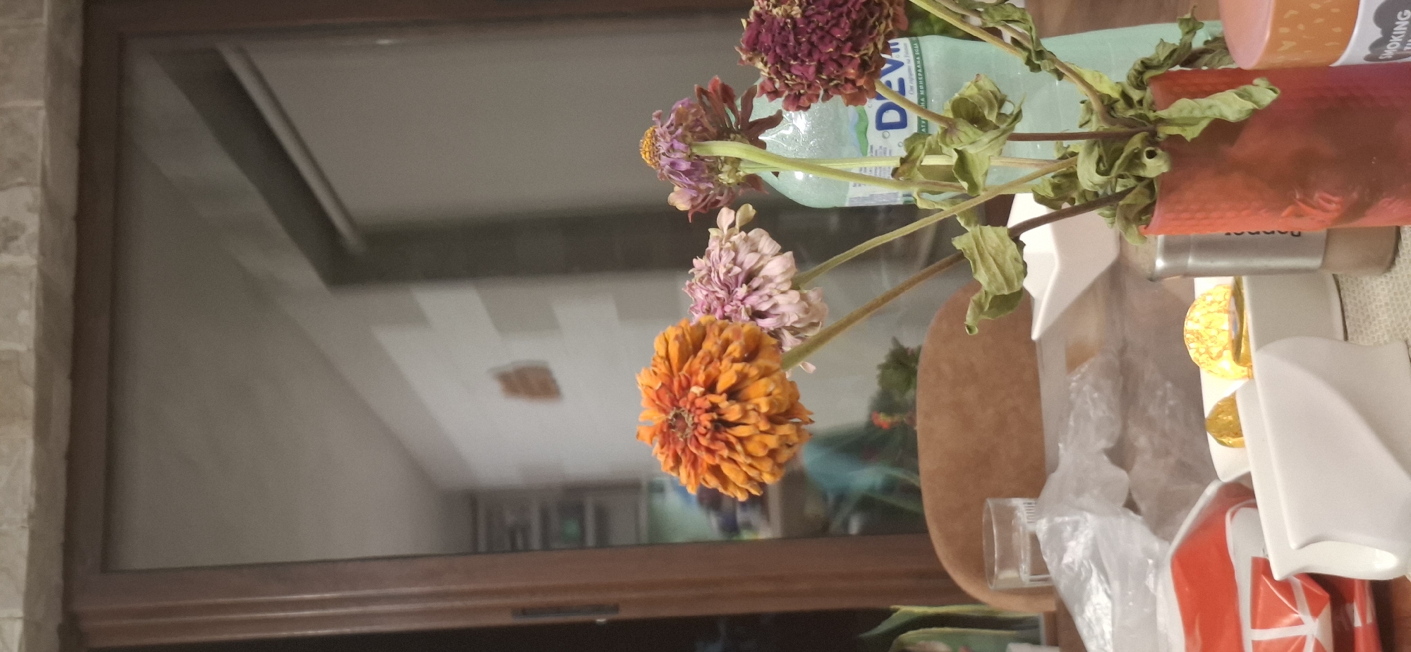 The image depicts a still life composition on a table, likely indoors, with a large window or mirror reflecting a room in the background. The foreground features a bouquet of dried flowers, including prominent orange, pink, and deep red zinnias, placed in a textured red vase or holder. A partially visible light blue plastic bottle with Cyrillic text, possibly water, stands behind the flowers.
To the left of the flowers, there's a clear glass with a small amount of liquid. Other objects on the table include white ceramic dishware, possibly a sugar bowl or creamer, and a wrapped red item with white markings, resembling gift wrapping or packaging. A crumpled plastic bag is also visible. In the immediate foreground, part of a light brown upholstered chair is seen. The background reflection shows a room with white walls, some shelving, and what appears to be a person in a blue garment.
There is no specific information in the image to indicate the city of Pleven, Bulgaria. The scene is static and lacks any discernible action or interaction beyond the arrangement of objects. The lighting suggests an indoor setting, possibly in the evening or under artificial light, given the reflections and overall ambiance.