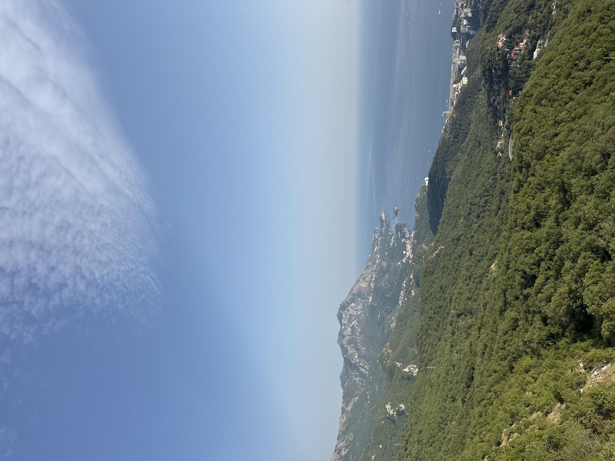 This image captures a panoramic view from a high vantage point overlooking the Adriatic Sea and the coastal town of Brajici, Montenegro. The scene is dominated by lush green, tree-covered mountains that slope down towards the sea. In the distance, the coastline is dotted with white buildings, indicative of a settlement. The sea itself is a deep blue, meeting the horizon under a clear sky with a few wispy white clouds. The overall impression is one of a serene, natural landscape enhanced by the presence of human habitation.