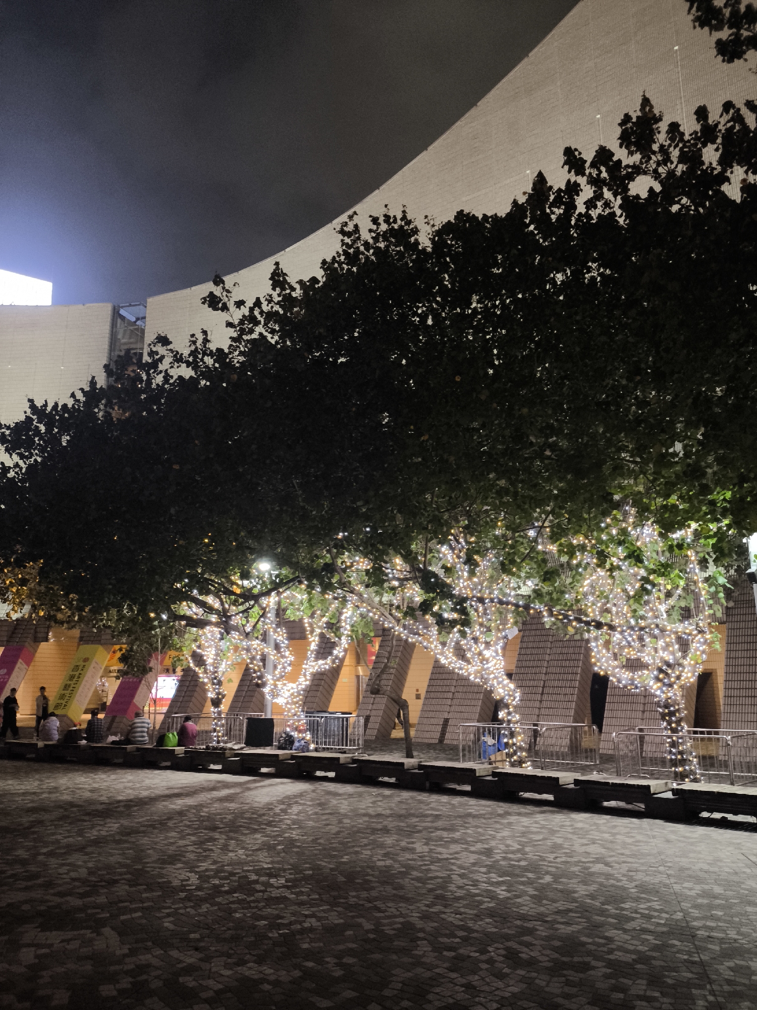 A nighttime photograph captures a public plaza in front of the Hong Kong Cultural Centre in Tsim Sha Tsui, Hong Kong, China. The upper background features the distinctive curved, light-colored, textured facade of the Hong Kong Cultural Centre, with a bright white rectangular illumination visible on the far upper left. A row of approximately eight mature trees spans the mid-ground, their trunks and main branches extensively wrapped with numerous warm-white LED string lights, illuminating the lower parts of the trees. The upper foliage of all trees remains dark. Below the lit trees are angled, brownish-orange, textured architectural elements, potentially planters or building supports. A series of silver metal crowd control barriers are positioned in front of some of the illuminated trees. To the left, several large vertical banners with Chinese text, including "香港藝術節" (Hong Kong Arts Festival), are visible. Approximately seven individuals are present: two stand on the far left, and five to six are seated or resting on a long, dark bench or low wall to the left of the illuminated trees, some with personal belongings. The foreground consists of a wide expanse of dark, multi-toned grey paving stones arranged in a geometric pattern, with shadows cast across its surface.