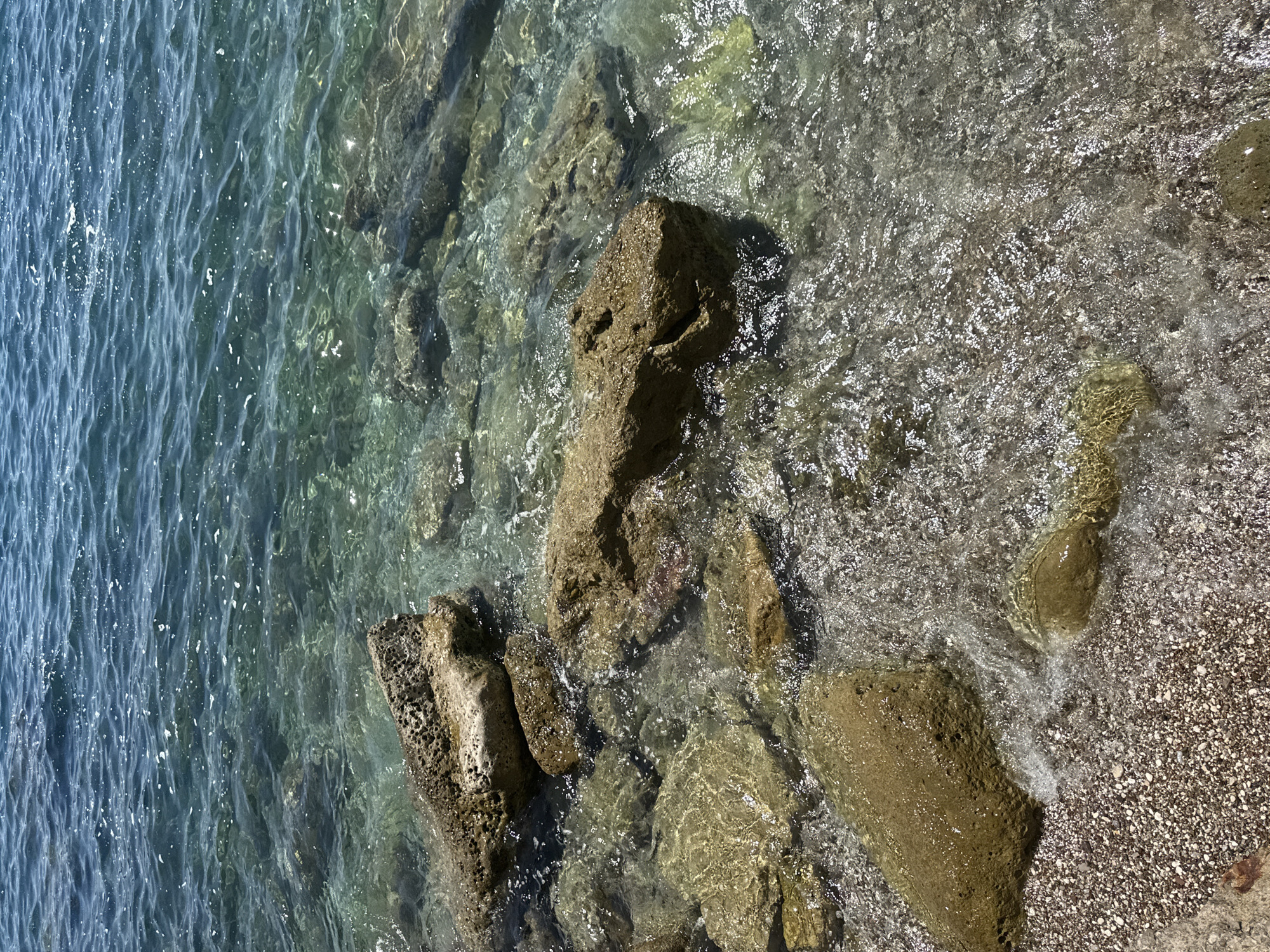 A high-angle, medium shot captures a section of the Adriatic Sea in Budva, Montenegro. The water is clear and a deep blue in the distance, transitioning to a lighter, greenish hue as it approaches the shore. Sunlight glints off the surface, creating a shimmering effect. Beneath the water, a variety of rocks are visible, some submerged and others partially exposed. These rocks range in size and shape, with some appearing smooth and rounded, while others are rough and porous. The shoreline in the foreground is composed of small pebbles and rocks, with gentle waves lapping at the edge. The scene is serene and natural, devoid of any human presence or artificial elements.