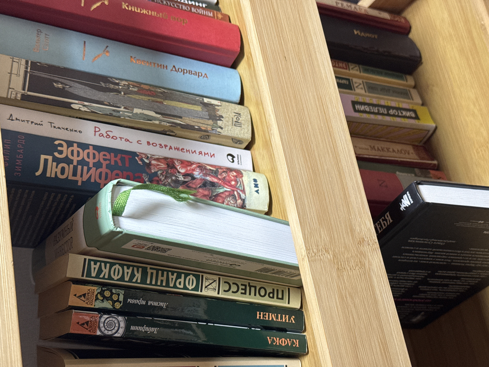 The image shows a close-up of two stacks of books on a wooden shelf. The left stack contains books with titles in Russian including "Книжный ор", "Квентин Дорвард", "Эффект Люцифера", "ПРОЦЕСС | ФРАНЦ КАФКА", "Уитмен", and "Лабиринт". The right stack also contains books with titles in Russian, including "Идиот" and "Виктор Пелевин." The environment consists of a simple wooden shelf. There are no people in the image. The scene is not described with a location in the city of Hwaseong-si, South Korea.