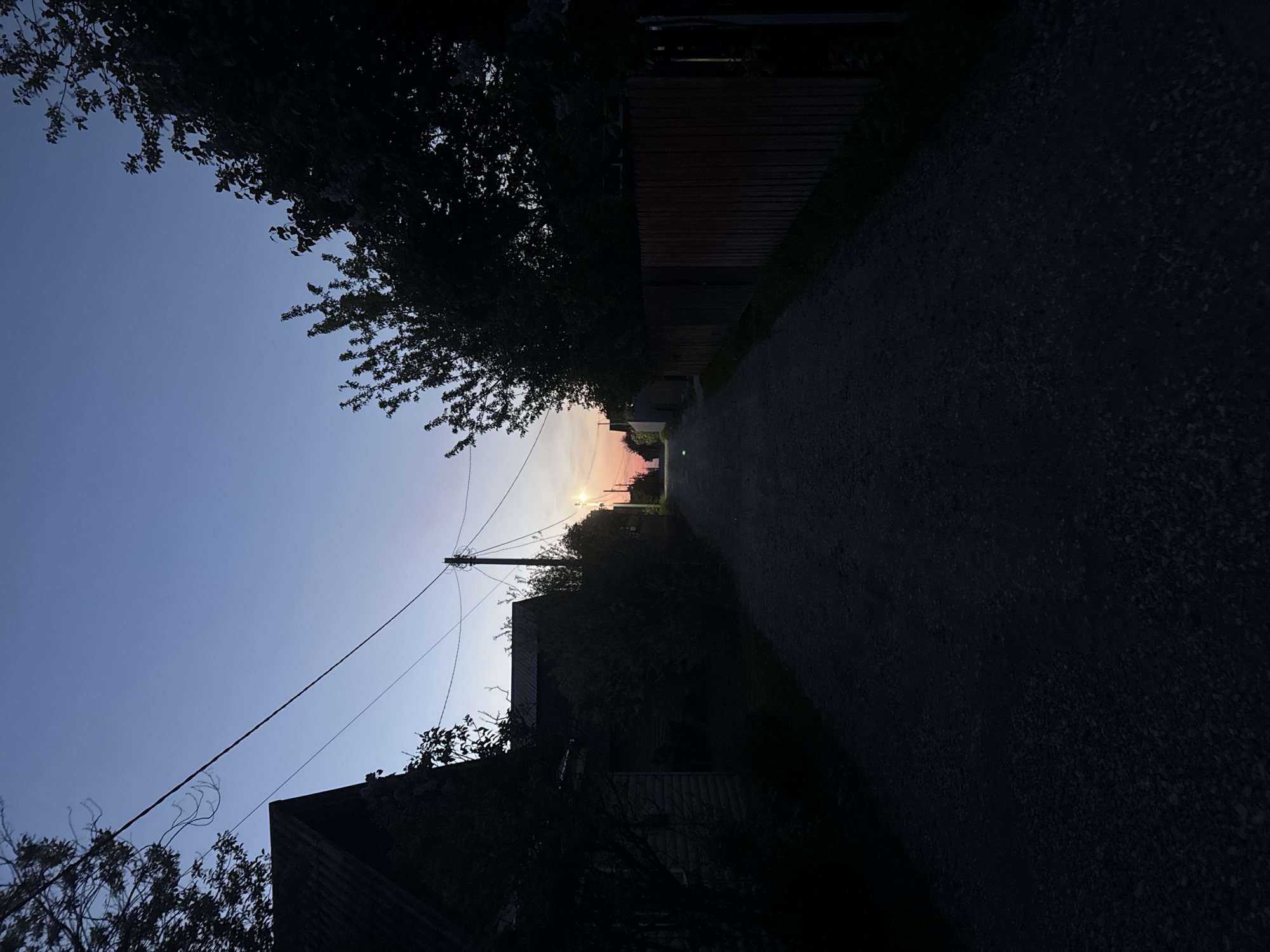 A low-angle shot depicts a narrow asphalt road bisecting a residential area, likely within Старое Михайловское, Russia. The road, predominantly dark, stretches into the distance where a sliver of the setting sun casts an orange glow. Vegetation, including trees and bushes, lines either side of the road, their details obscured in shadow. Structures, possibly houses, are visible between the vegetation, also heavily shadowed. A utility pole with wires extends into the sky on the left. The sky transitions from a deep blue at the top to a lighter hue near the horizon. The image is taken in low light, suggesting either dusk or dawn.