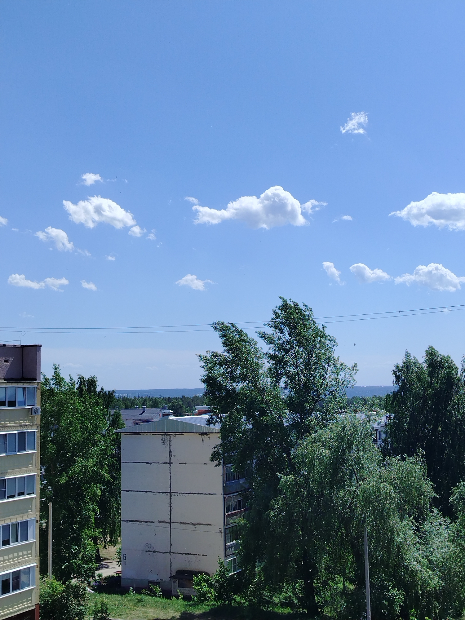 The image captures a cityscape in Noviy Urengoy, Russia, on a sunny day with a blue sky and scattered cumulus clouds. The view is elevated, possibly from a high-rise building. The immediate foreground is dominated by mature deciduous trees with dense green foliage, appearing windblown. Two multistory residential buildings are partially visible: one, on the left, has light-colored walls and visible window rows, and the other, a cream colored block style apartment, sits among trees. In the distance, a body of water or horizon is visible. Power lines are strung across the midground. The scene is bathed in natural daylight, indicating daytime.