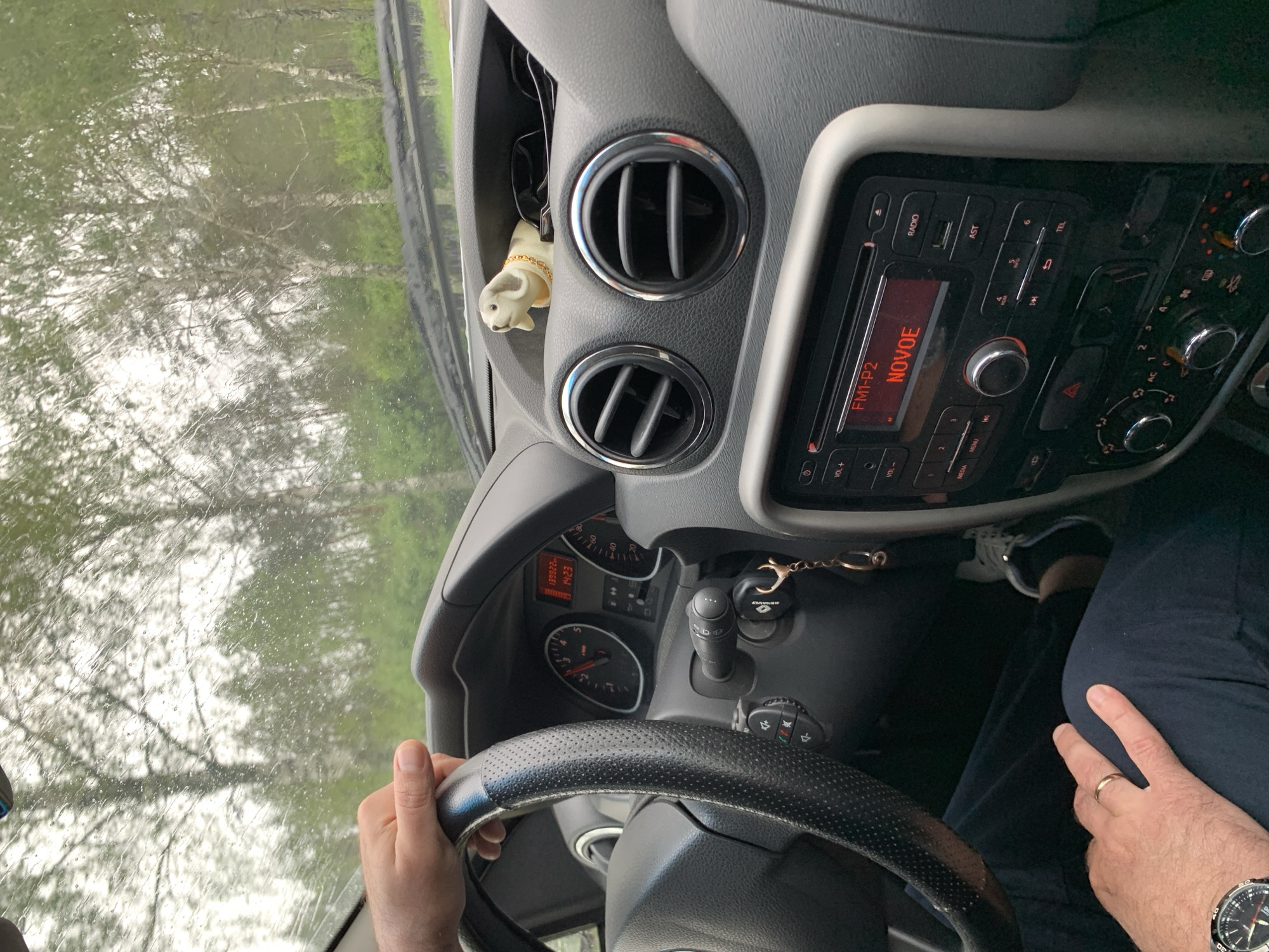 The image shows the interior of a car, looking forward through the windshield on a rainy day. The driver's left hand is on the steering wheel. The dashboard includes the car's radio display, which shows "FM1-P2 NOVOE", and various buttons and dials. A small decorative dog figurine is visible on the dashboard. Outside the car, trees and greenery are visible through the rain-streaked windshield. The scene is consistent with being on a road in the Мядзельскі сельскі Савет region of Belarus, given the typical rural and forested landscape suggested by the image.