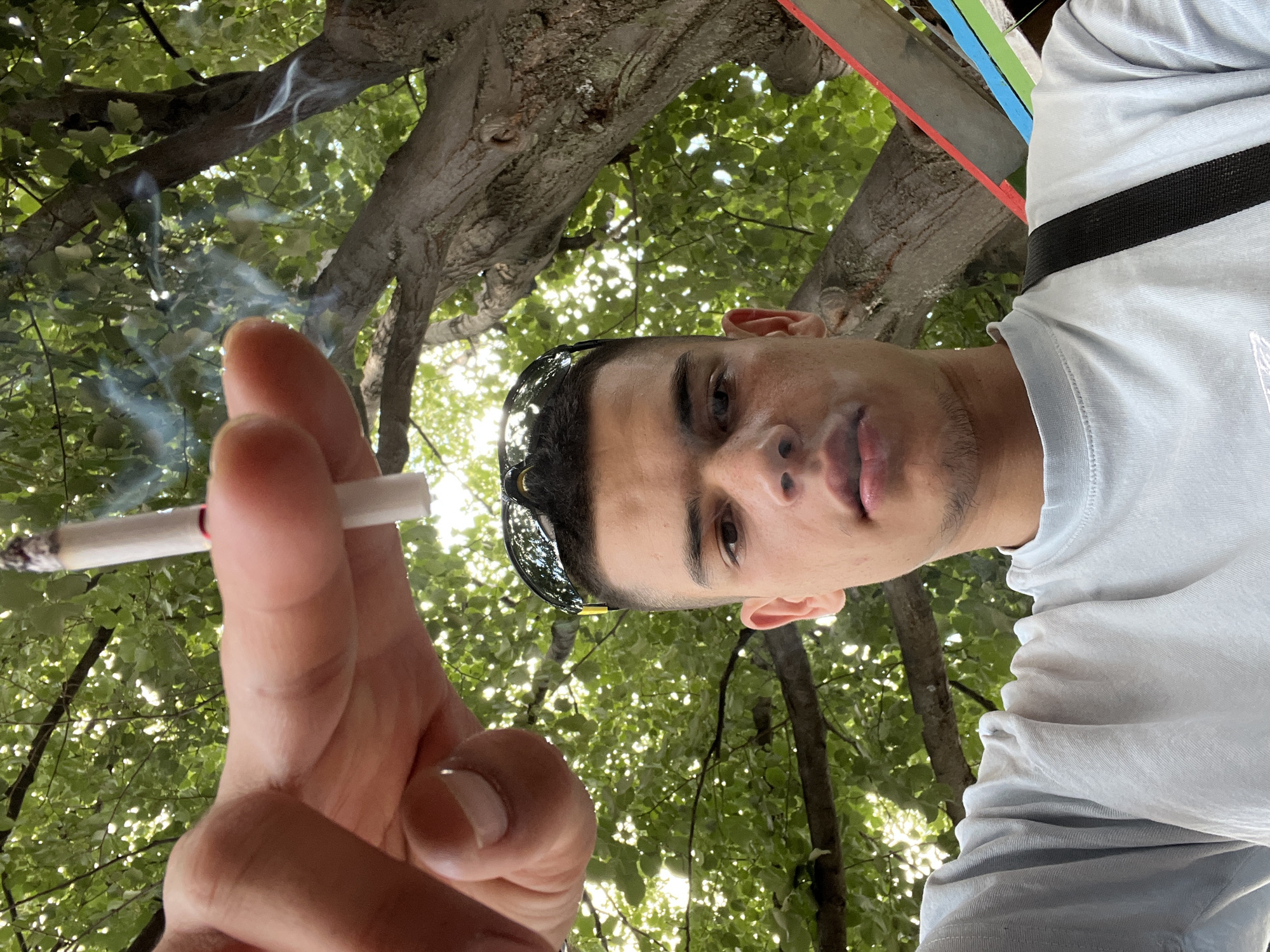 In Sopot, Bulgaria, a young man is captured in a close-up, low-angle selfie. He is outdoors, with lush green foliage and a large tree trunk dominating the background, suggesting a park or a tree-lined area. The man is holding a lit cigarette in his left hand, close to the camera, with smoke gently rising. He is wearing a light blue crew-neck t-shirt and a black strap from a bag is visible over his right shoulder. A pair of sunglasses rests on his forehead. The sunlight filters through the leaves, creating a dappled effect on the scene. The overall impression is a candid moment, possibly taken during a break outdoors.