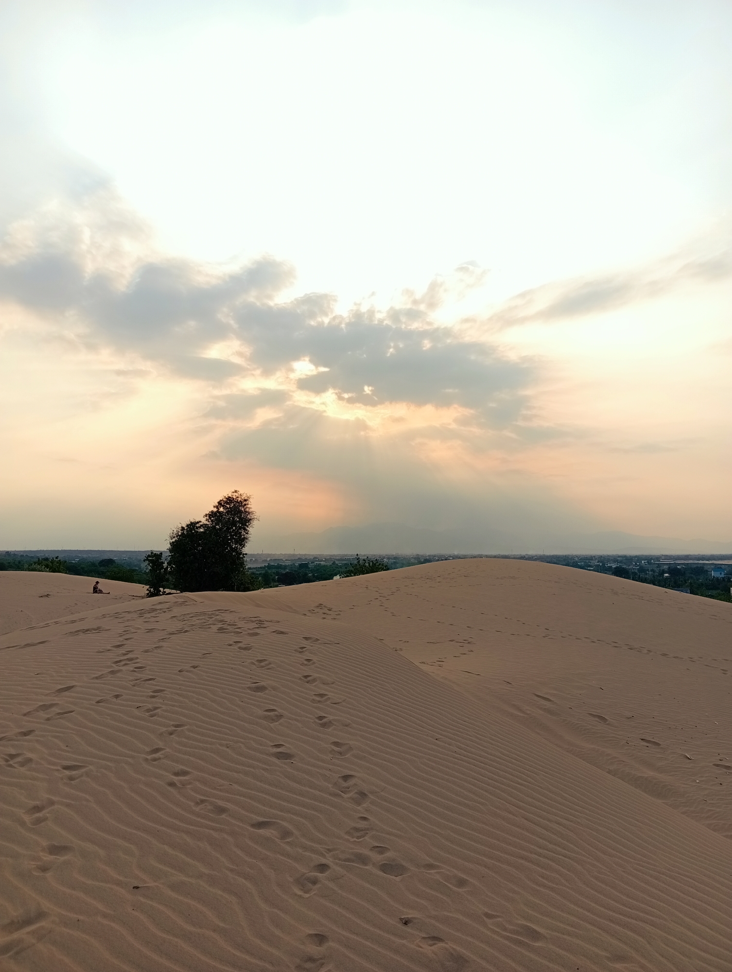 The image depicts a sand dune landscape in Phuoc Dinh, Vietnam, under a sky with clouds and visible sun rays. The sand dunes are patterned with wind ripples and scattered with footprints. A small cluster of trees is visible on one of the dunes. In the background, there is a settlement with buildings and greenery, backed by distant hills. A person is sitting in the middle left ground.